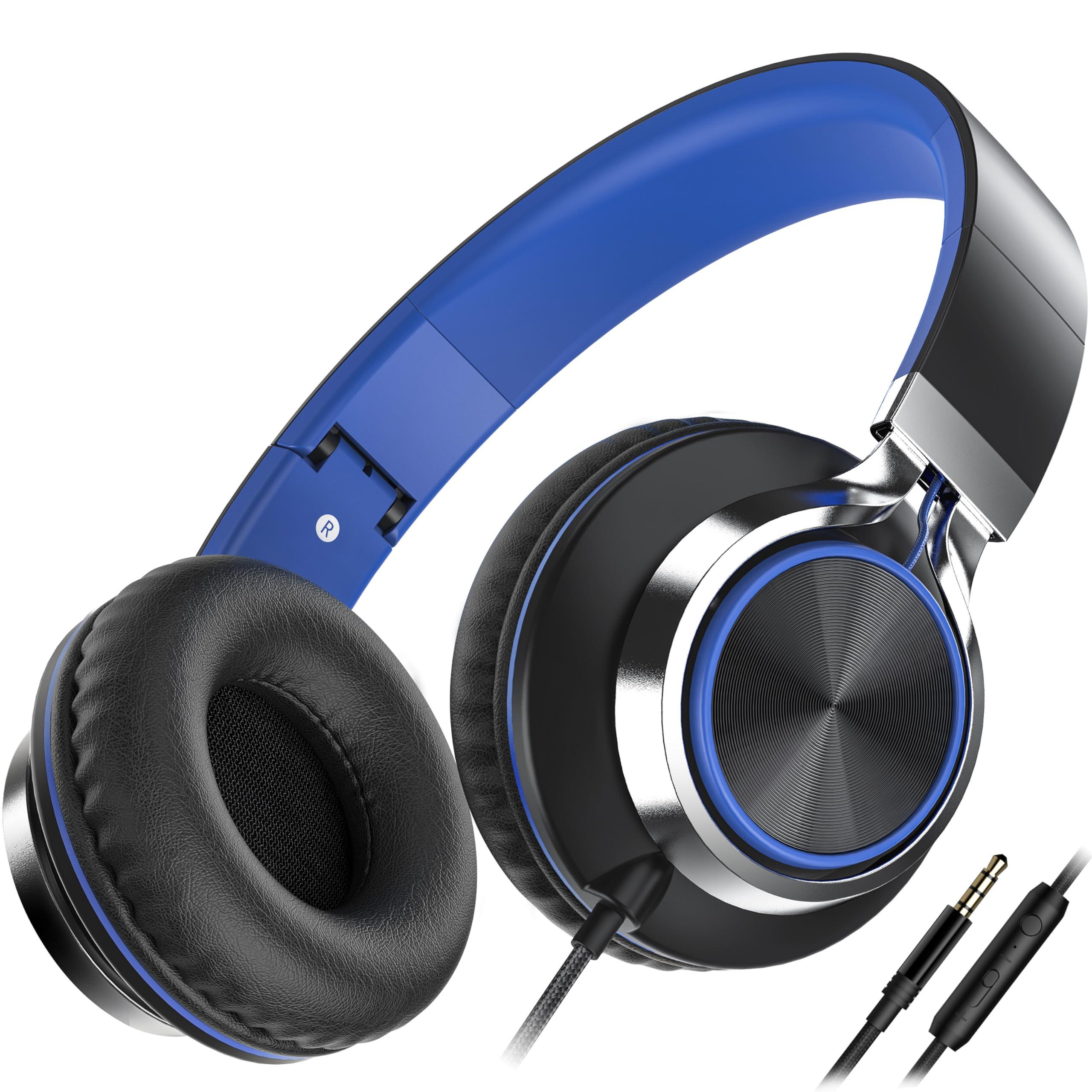 AILIHEN C8 Headphones Wired, On-Ear Kids Headphones with Microphone and Volume Control Foldable Corded Stereo 3.5mm Headset for School Teens Smartphones Chromebook Laptop Tablets Travel (Black Blue)