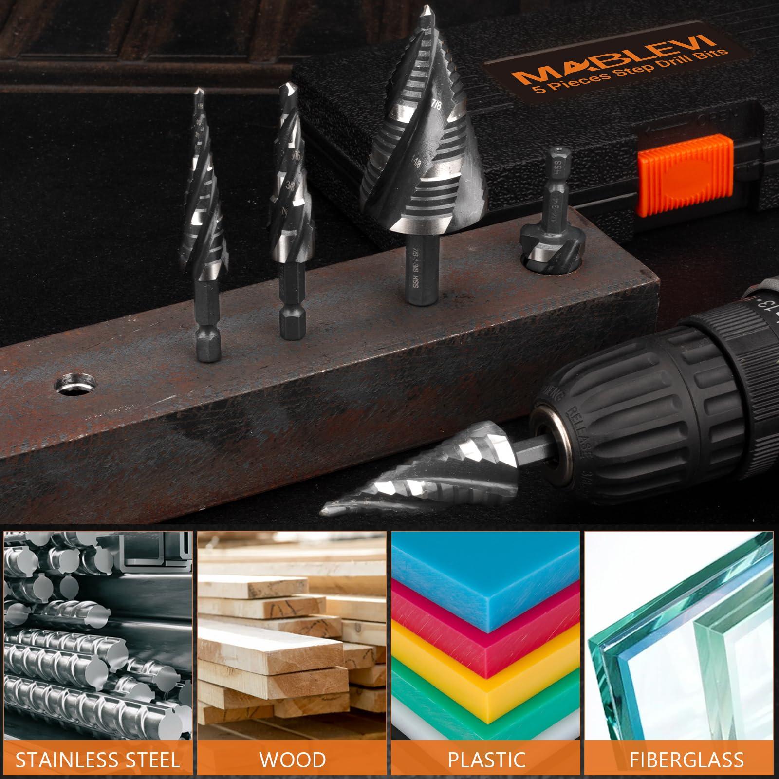 MABLEVI 5 Pcs Four Spiral Flute Step Drill Bit Set, 1/8"-1-3/8" HSS Unibit Step Drill Bit, 1/4" and 3/8" Shank Step Bit for Metal, Stainless Steel, Aluminum, Wood, Plastic - Image 7