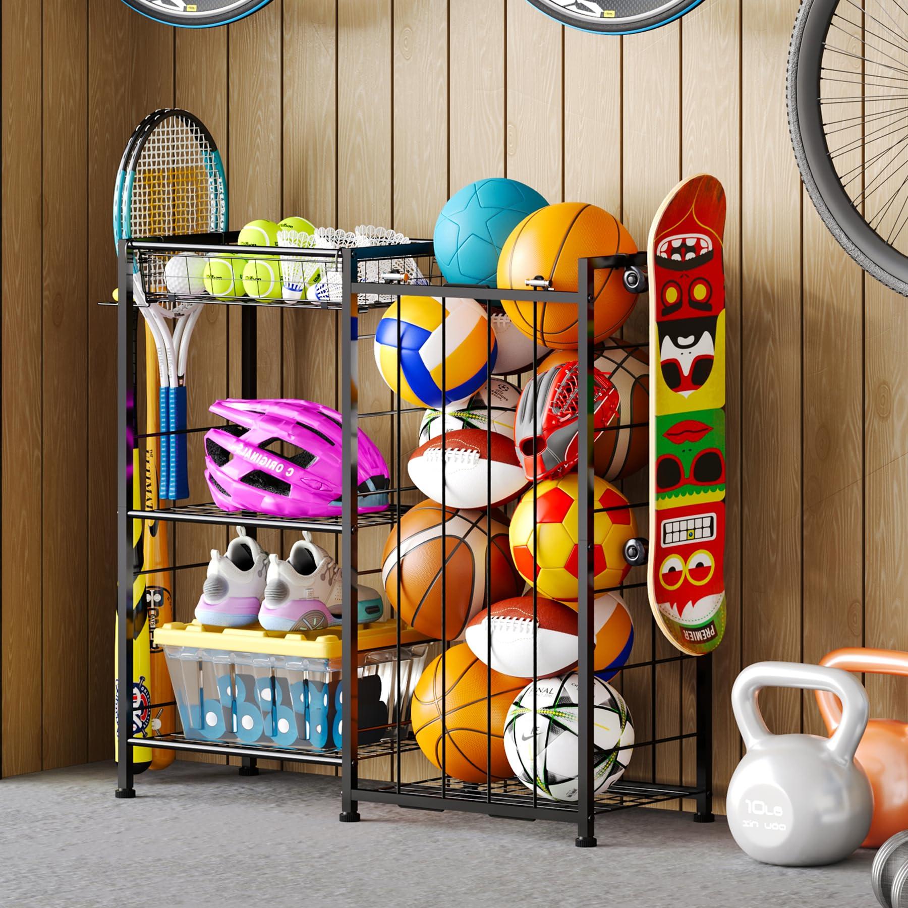 Sports Equipment Organizer, Ball Storage Rack with Elastic Straps and Removable Basket for Garage Organization, Garage Organizer with Hooks for Toy Sports Gear Storage, Sports Ball Storage Cart, Black