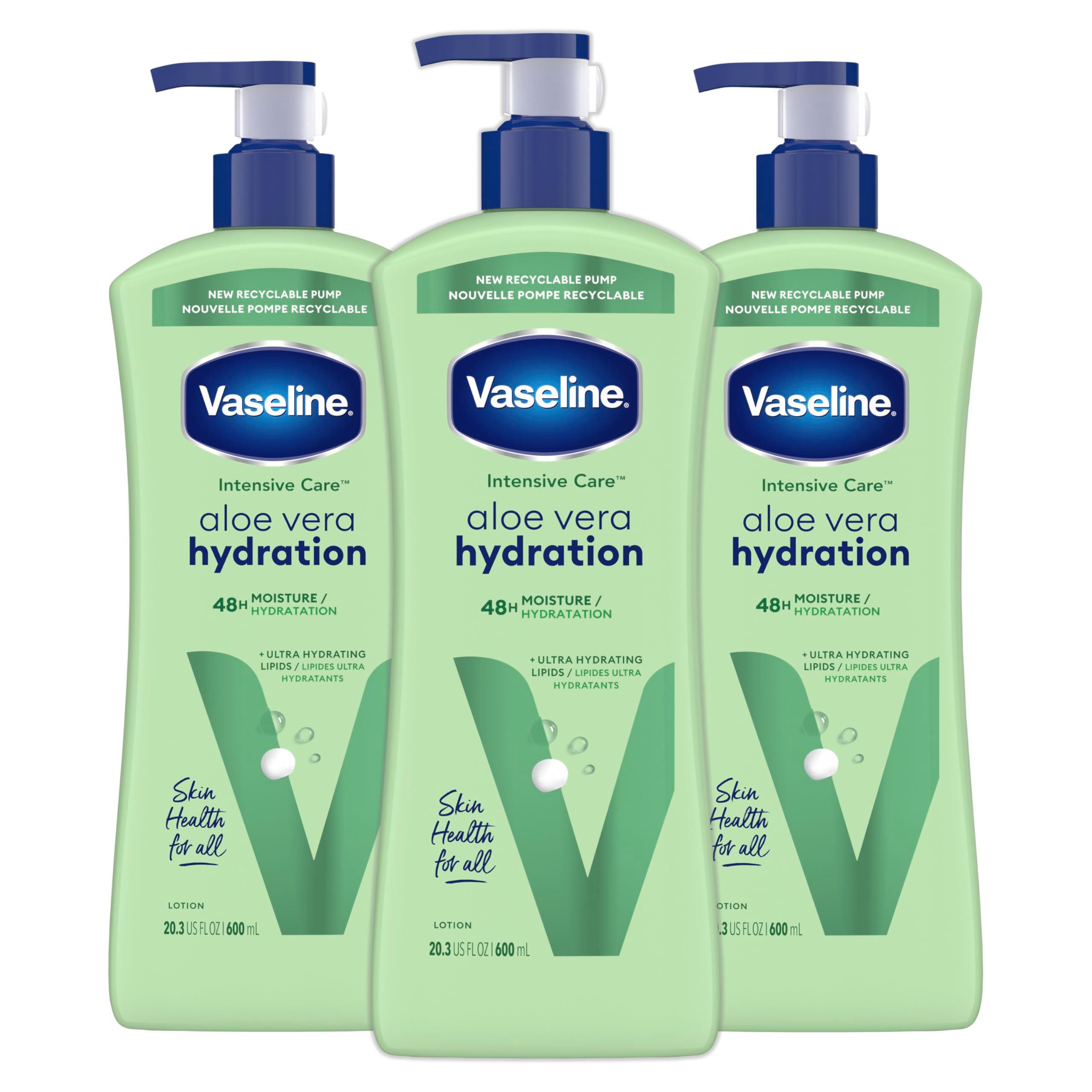 Vaseline Intensive Care Body Lotion for Dry Skin Soothing Hydration Lotion Made with Ultra-Hydrating Lipids + 1% Aloe Vera Extract to Refresh Dehydrated Skin 20.3 oz, Pack of 3