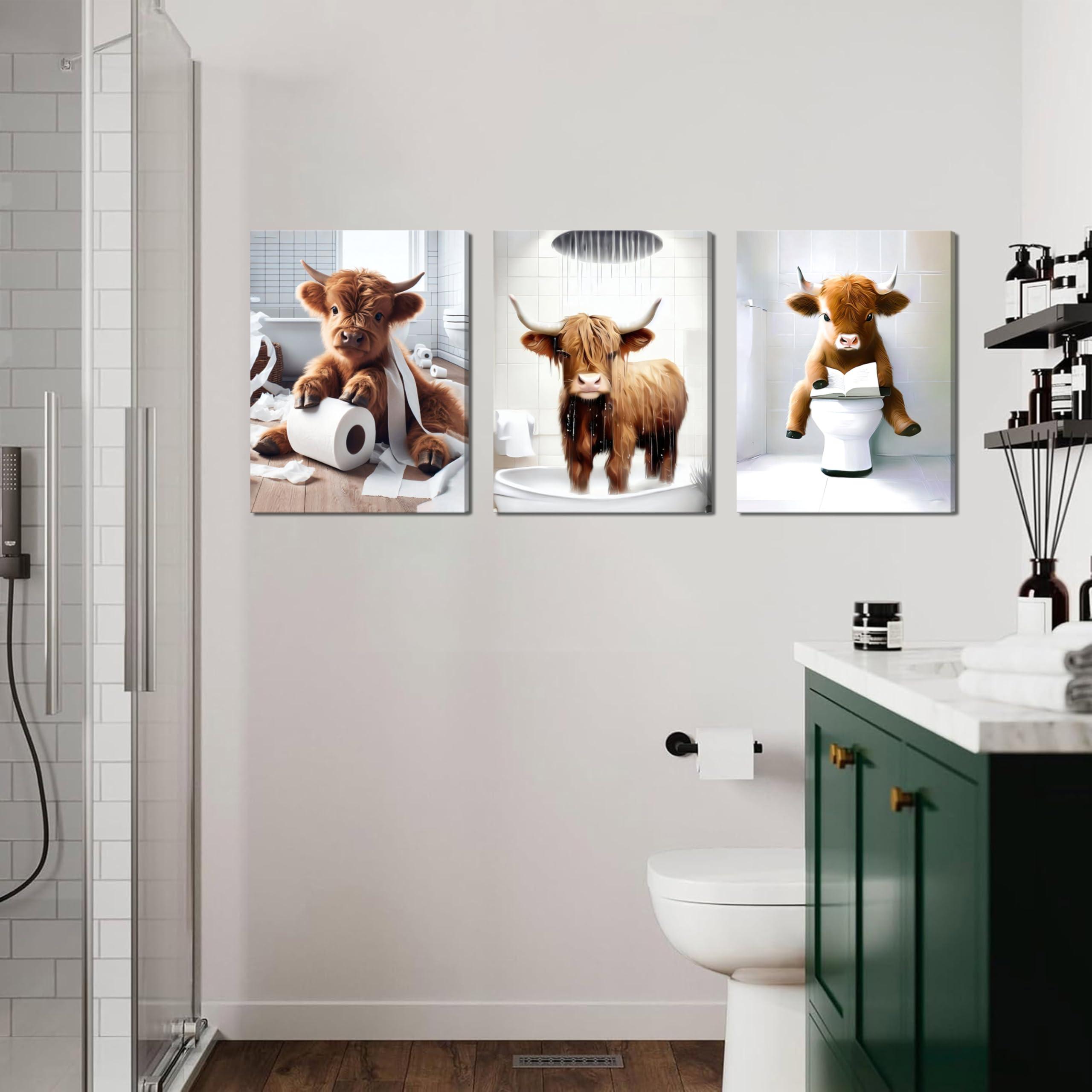 Funny Bathroom Highland Cow Wall Art, Brown Cute Cow Animal Canvas Posters Prints Set of 3, Vintage Rustic Farmhouse Home Pictures Wall Decor Painting for Bathroom Restroom Framed 12x16 Inch - Image 2