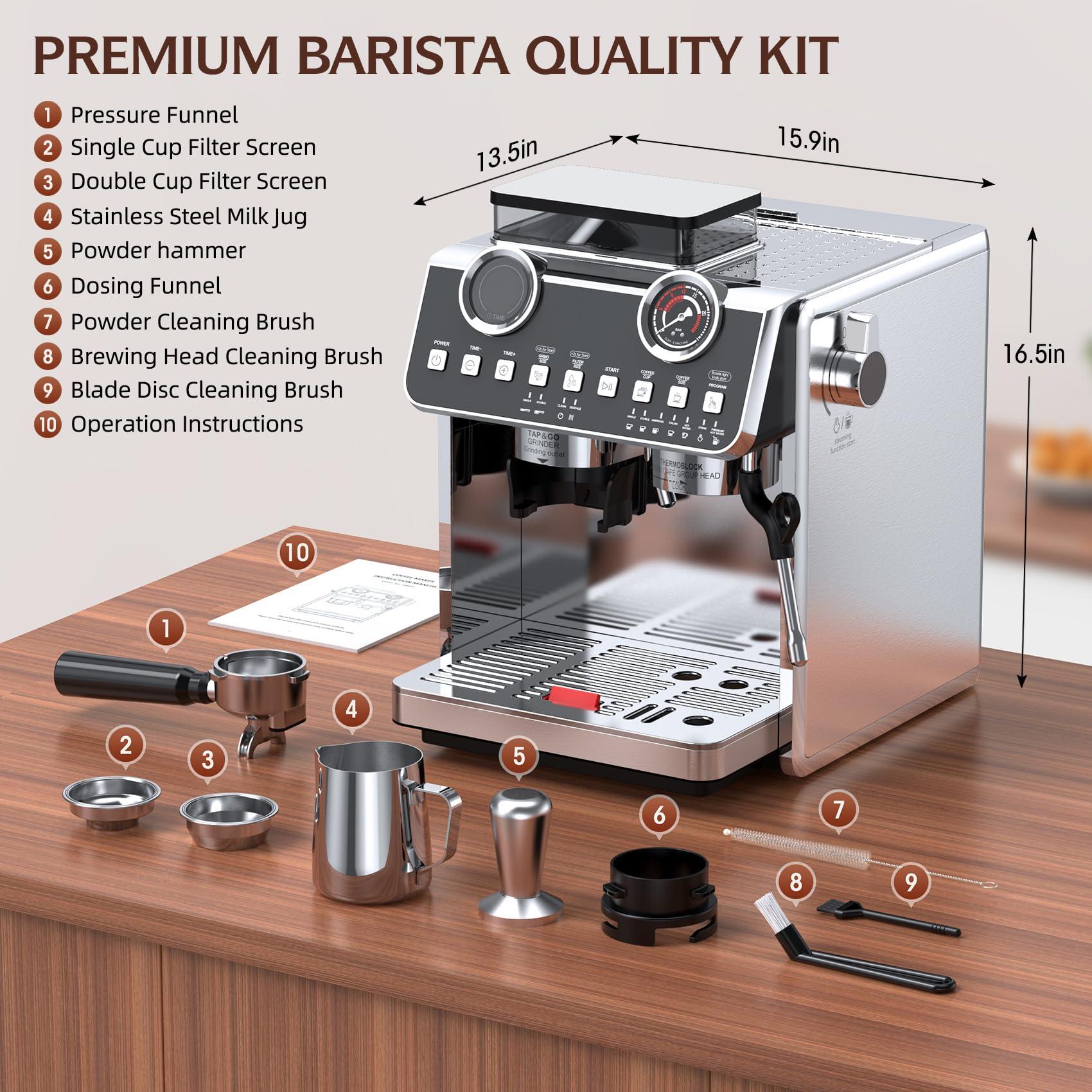 QJA Espresso Machine with Grinder, 20 Bar Pressure Professional Espresso Maker with 30 Grinding Settings, 58mm Portafilte, Anti-scalding Milk Frother Steam Wand for Latte Cappuccino (Stainless Steel) - Image 2
