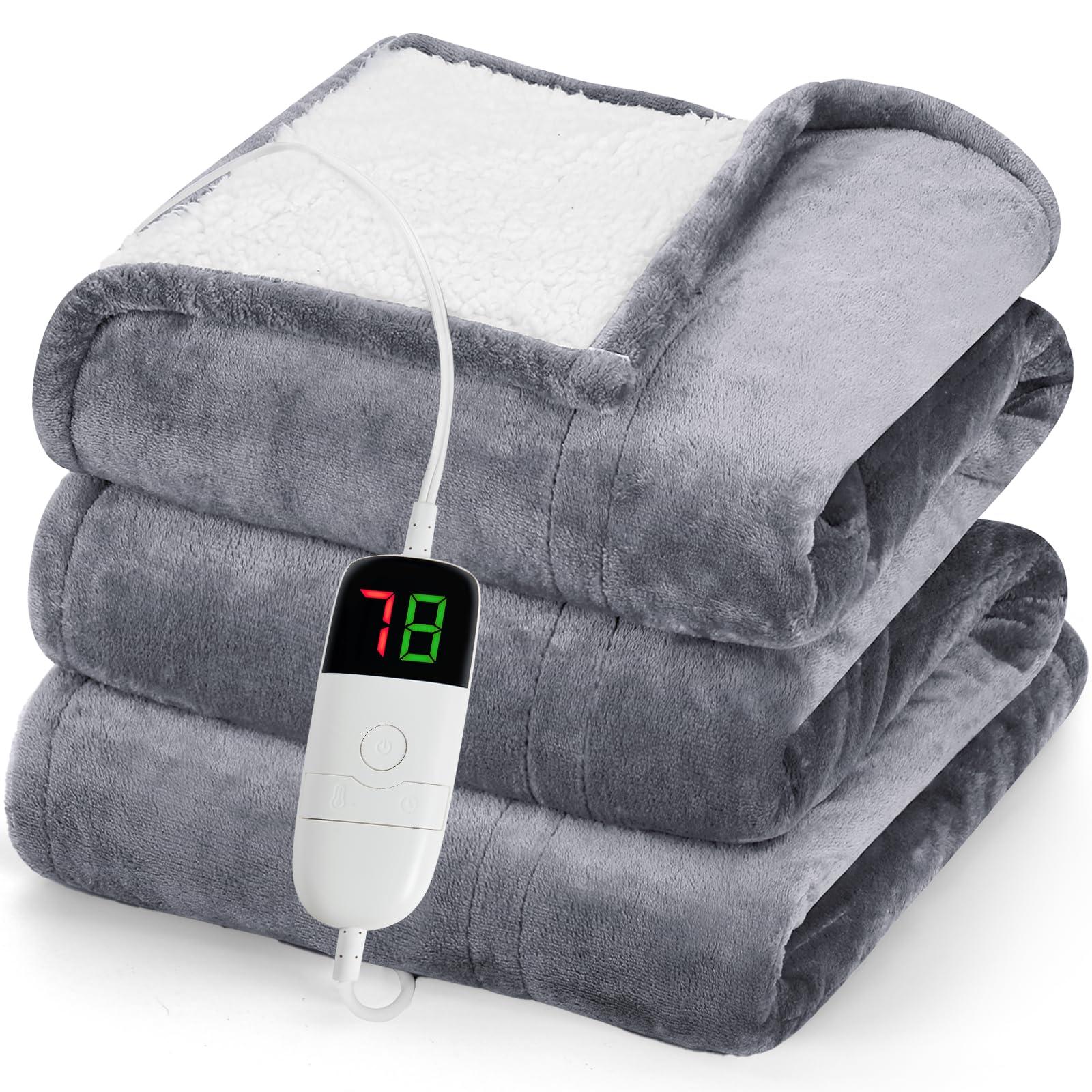 greenoak Heated Blanket Electric Throw 50"X60", Heating Blanket with 10 Heat Levels 1/2/4/6/8 Hours Auto-Off Overheat Protection, Flannel Sherpa Soft Warm Heater, ETL Certified Misty Grey