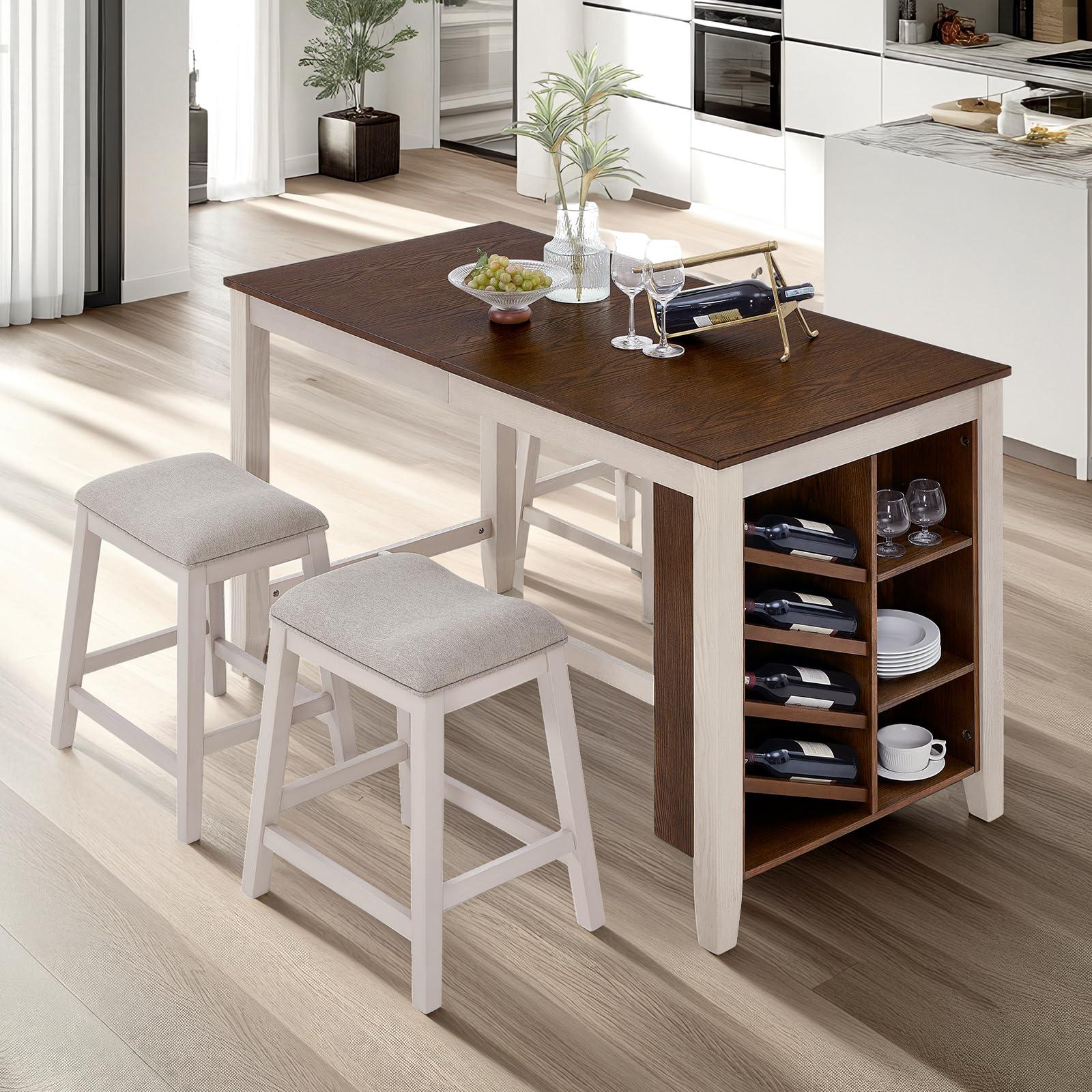 AMERLIFE 60" Solid Wood Counter Height Dining and Kitchen Table Set for 4 Upholstered Stools, 7-Layer Storage Farmhouse Dinner Table with Chairs Built-in Wine Rack & Cabinet, 5-Piece Rectangle