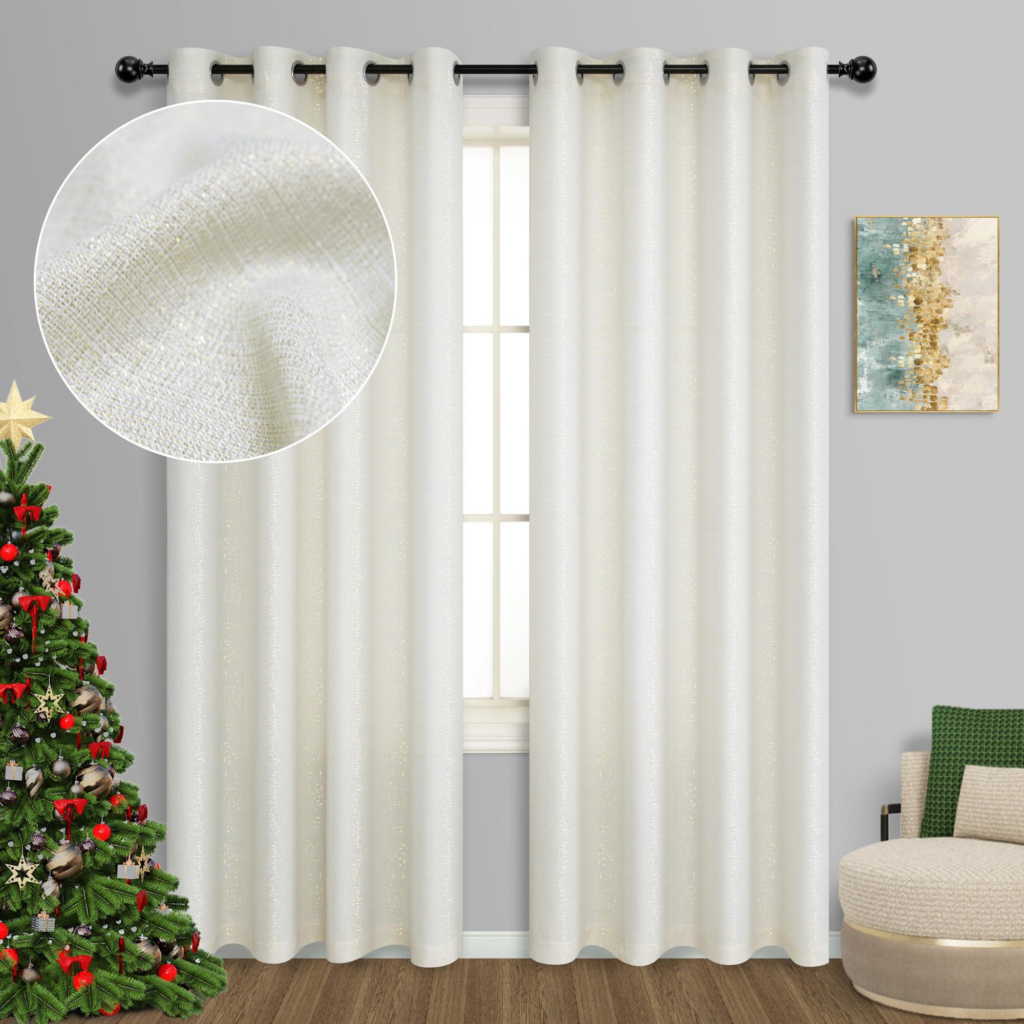 Cream and Gold Curtains 84 inch Length for Living Room 2 Panel Set Grommet Semi Sheer Sparkle Shimmer Shiny Glitter Metallic Gold Ivory Curtain for Bedroom Fancy Modern Luxury Decorative 84 Long Beige