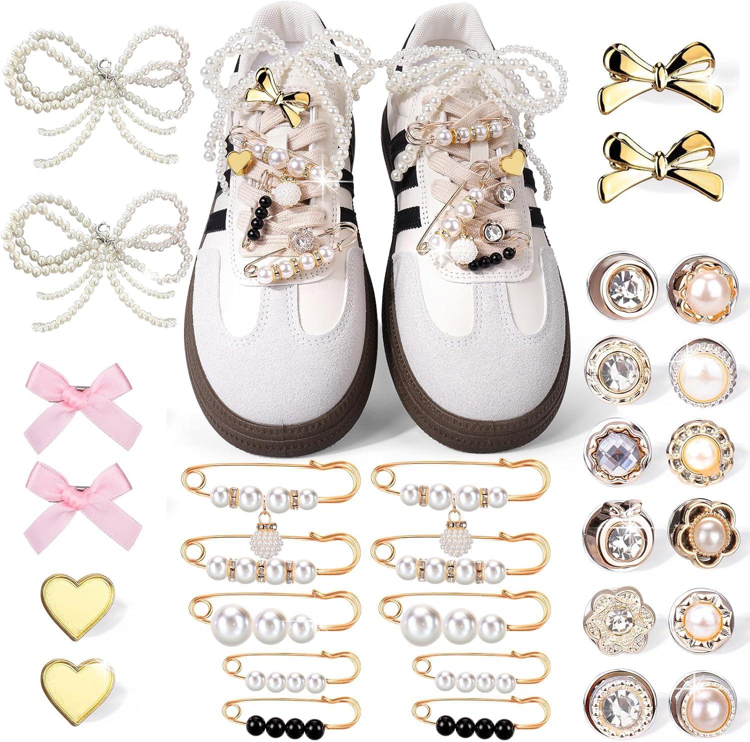 pequano Shoes Charms for Sneakers Socks, 30/43pcs Pearl Shoe Lace Jewelry, Junk Socks Charms Pins, Stylish Shoe Decoration Charms for Women, Brooch Pins Buttons for Clothes, Hats Decoratin