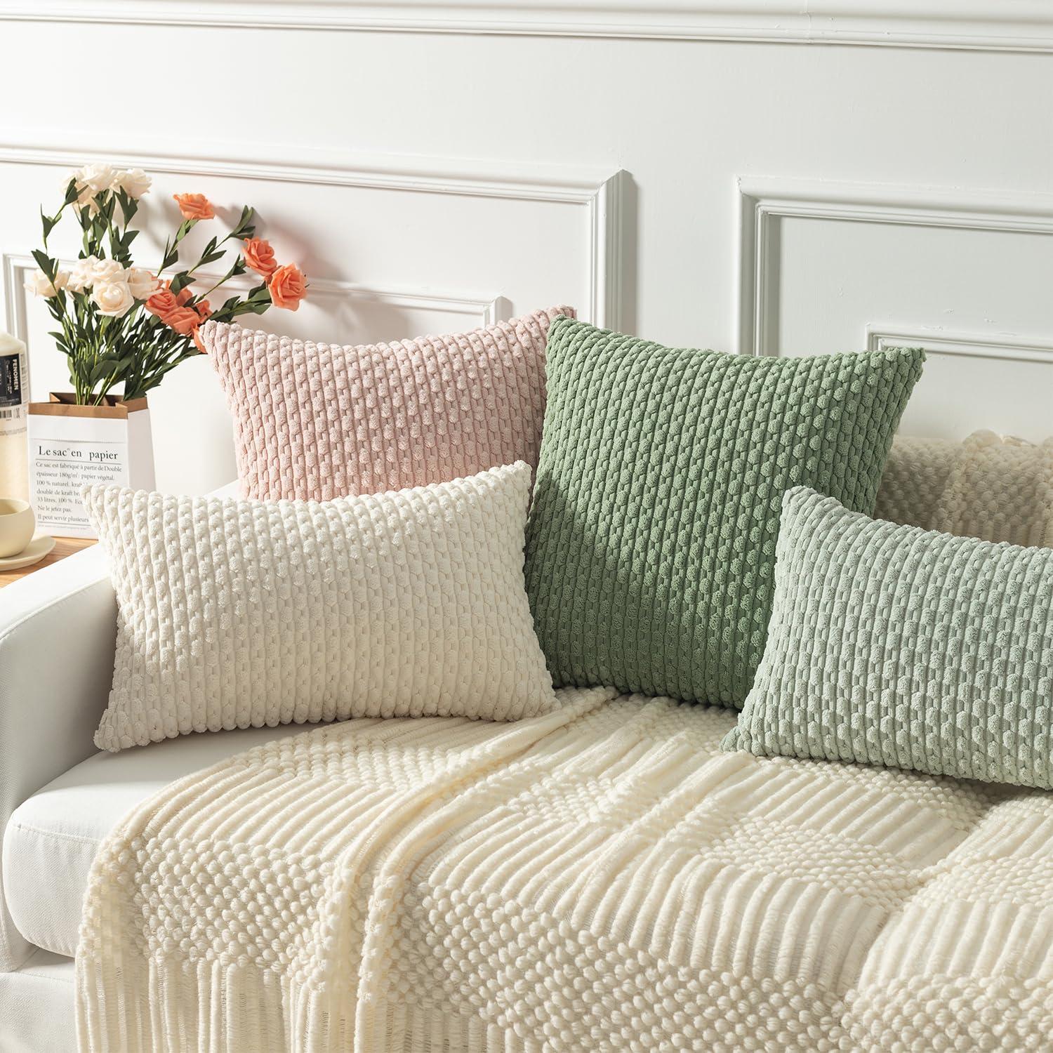 Kevin Textile 2 Packs Decorative Throw Pillow Covers 18x18 Inch for Living Room Couch Bed Spring Sofa Soft Striped Corduroy Square Cushion Case 45x45 cm Farmhouse Boho Home Decor Sage Green - Image 5