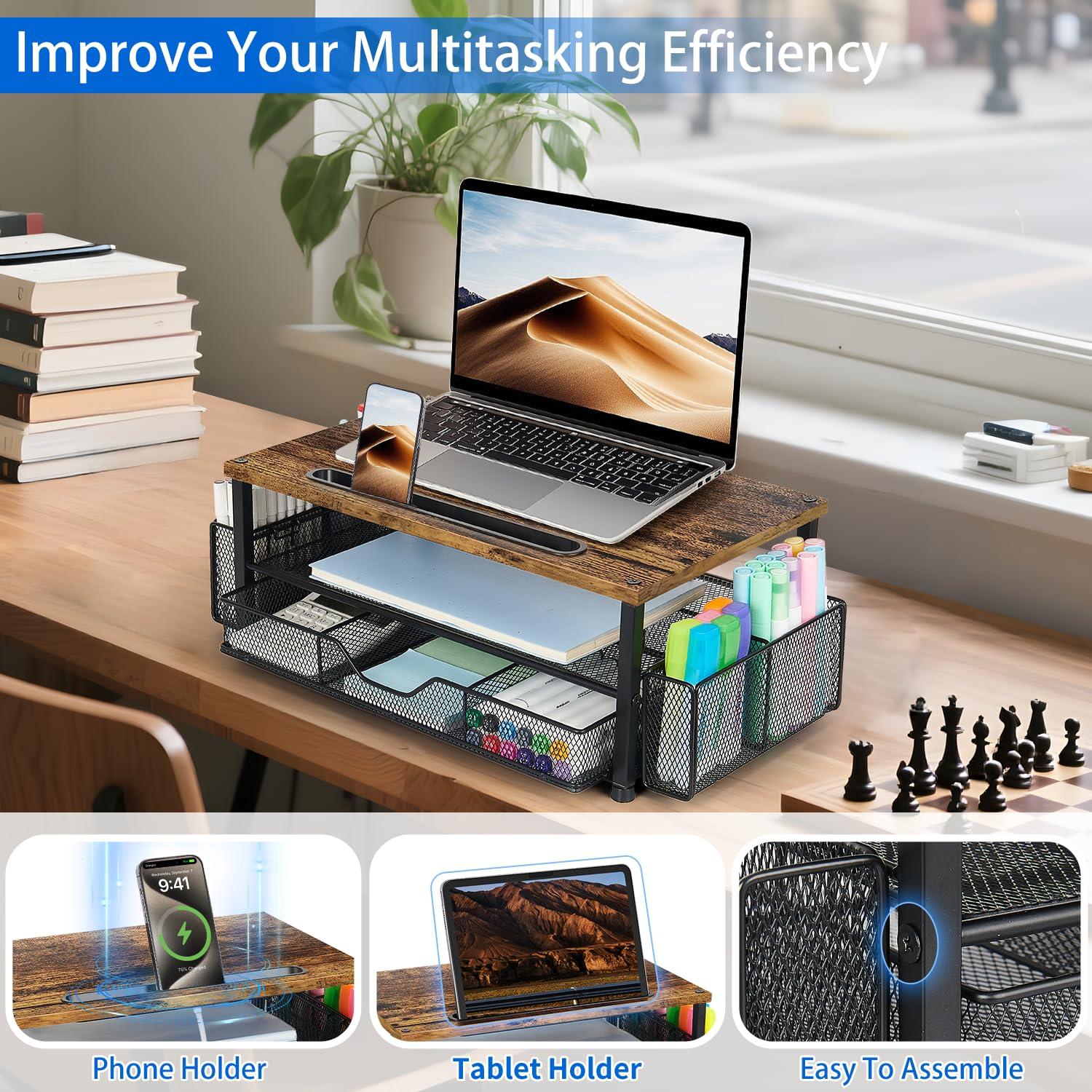 Wood Desk Organizers and Accessories, 2-Tier Computer Monitor Stand with Drawer, Pen Storage & Tablet Phone Holder, Office Desk Accessories, Workspace Desktop Organization for Office Supplies（Brown） - Image 4