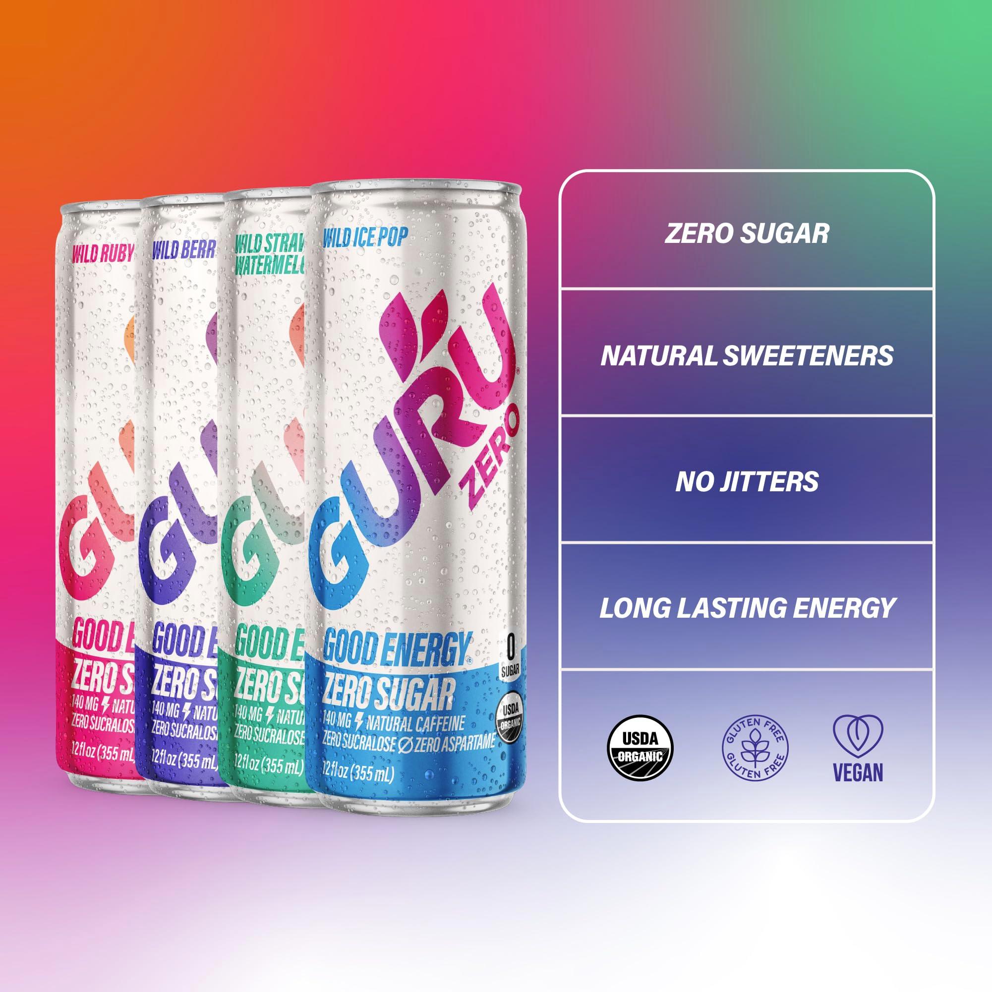 GURU ZERO SUGAR Organic Energy Drinks Variety Pack, Clean Energy Drink with Plant Based Natural Caffeine from Green Tea, Coconut Water, Prebiotic, Zero Added sugars, Gluten Free and Vegan, Pre Workout, Healthy Drinks, 12oz (Pack of 12) - Image 6