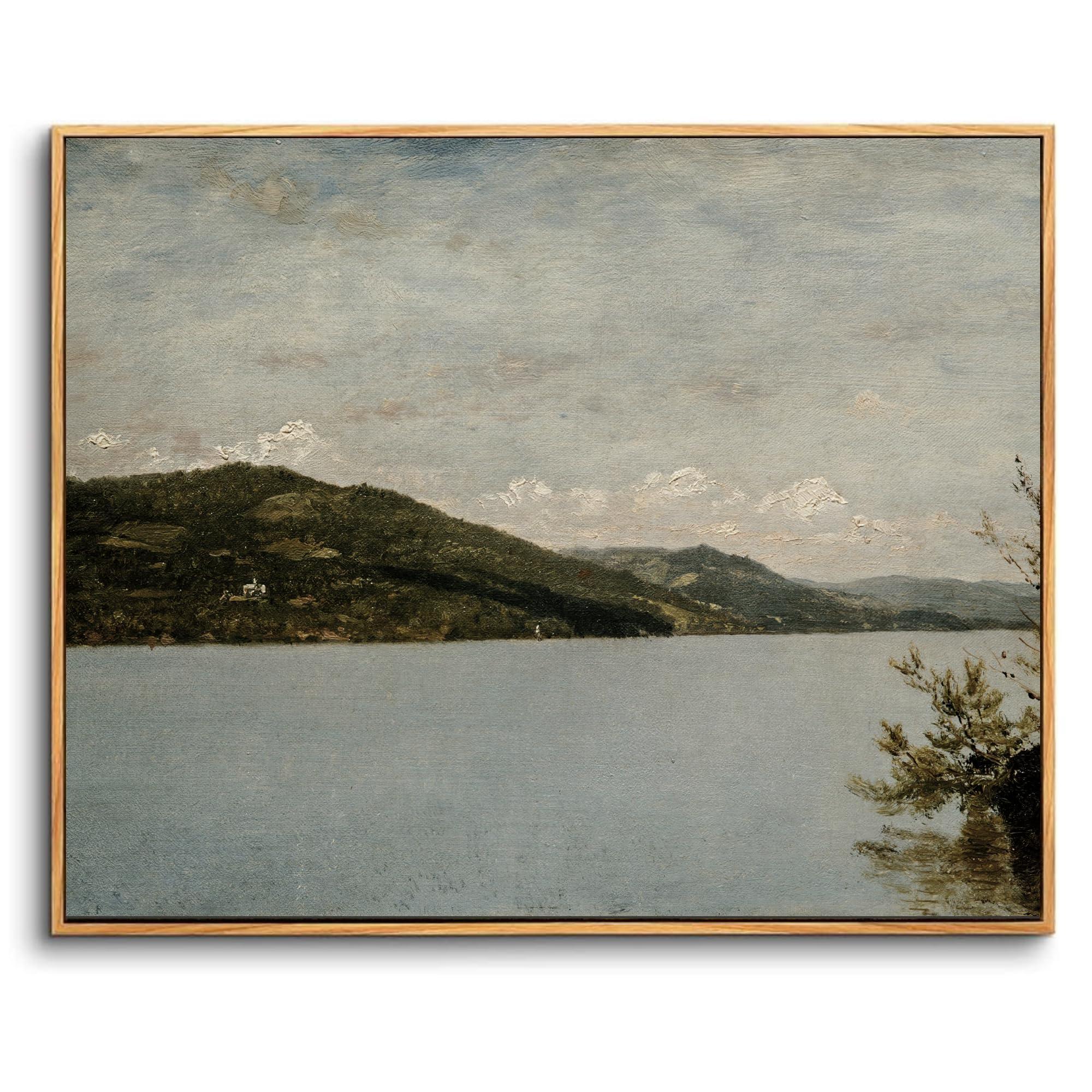 crmotu Framed Canvas Wall Art, Lake Landscape Vintage Large Artwork, Nature Scenery Retro Art Prints, Mountain River Moody Wall Painting for Living Room Bedroom Bathroom Office Decor Aesthetic 24x36in