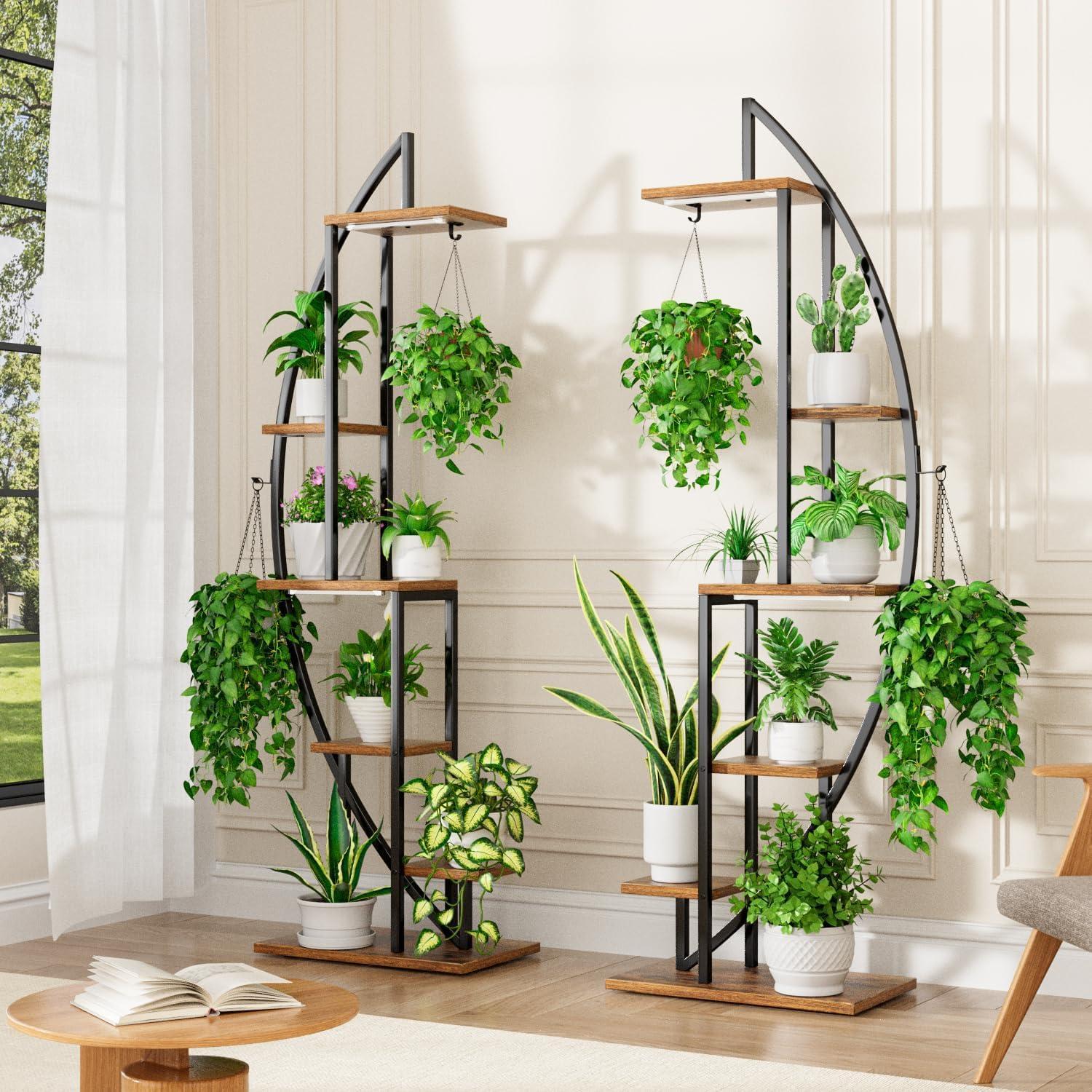 BACEKOLL Plant Stand Indoor with Grow Lights, 6 Tiered Tall Plant Shelf, 63" Metal Plant Stand for Indoor Plants Multiple, Half-Moon Plant Rack Display Shelf, 2 Pcs Plant Holder for Living Room, Patio - Image 8