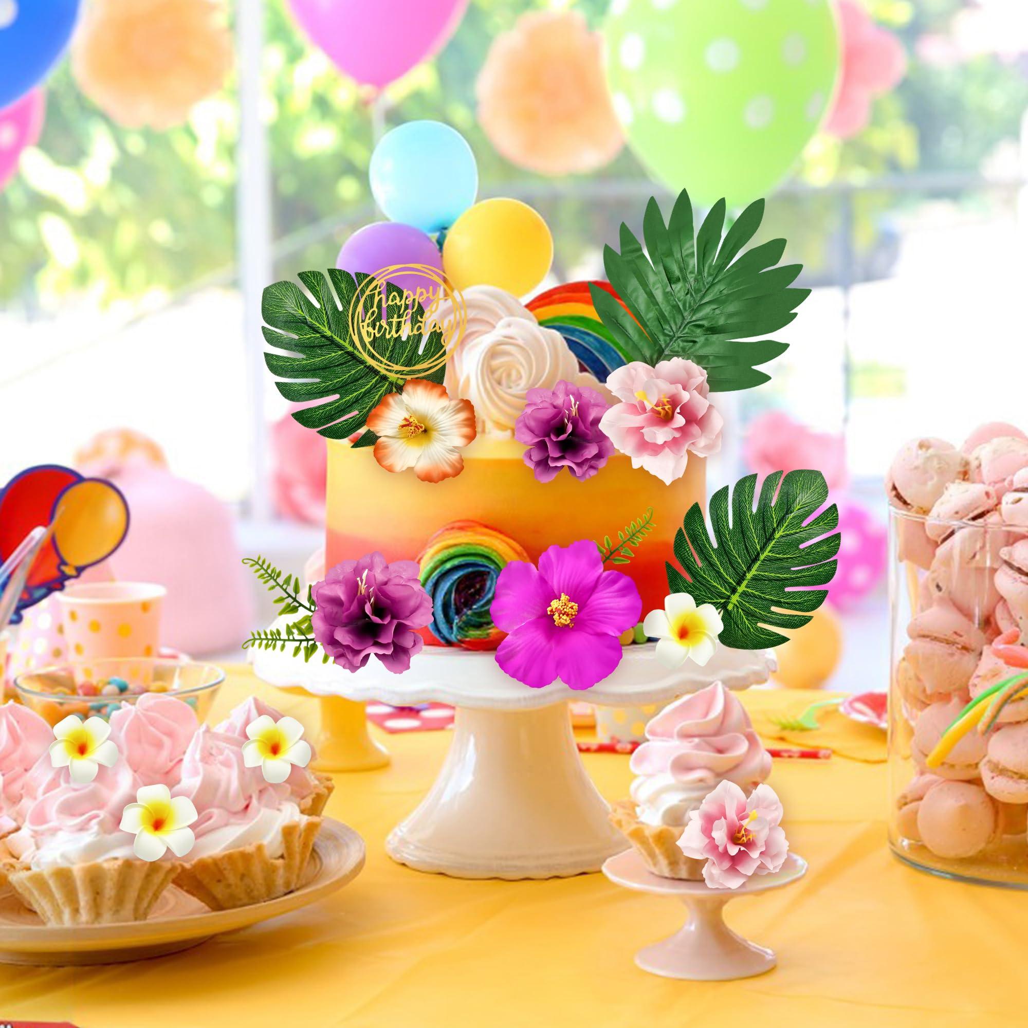 Firleayo 18pcs Hawaiian Flowers Cake Decorations Tropical Themed Cake Toppers Summer Flower Cupcake Topper with Palm Leaves Hibiscus Luau Cupcake Topper Aloha Beach Decor for Birthday Party Supplies - Image 2