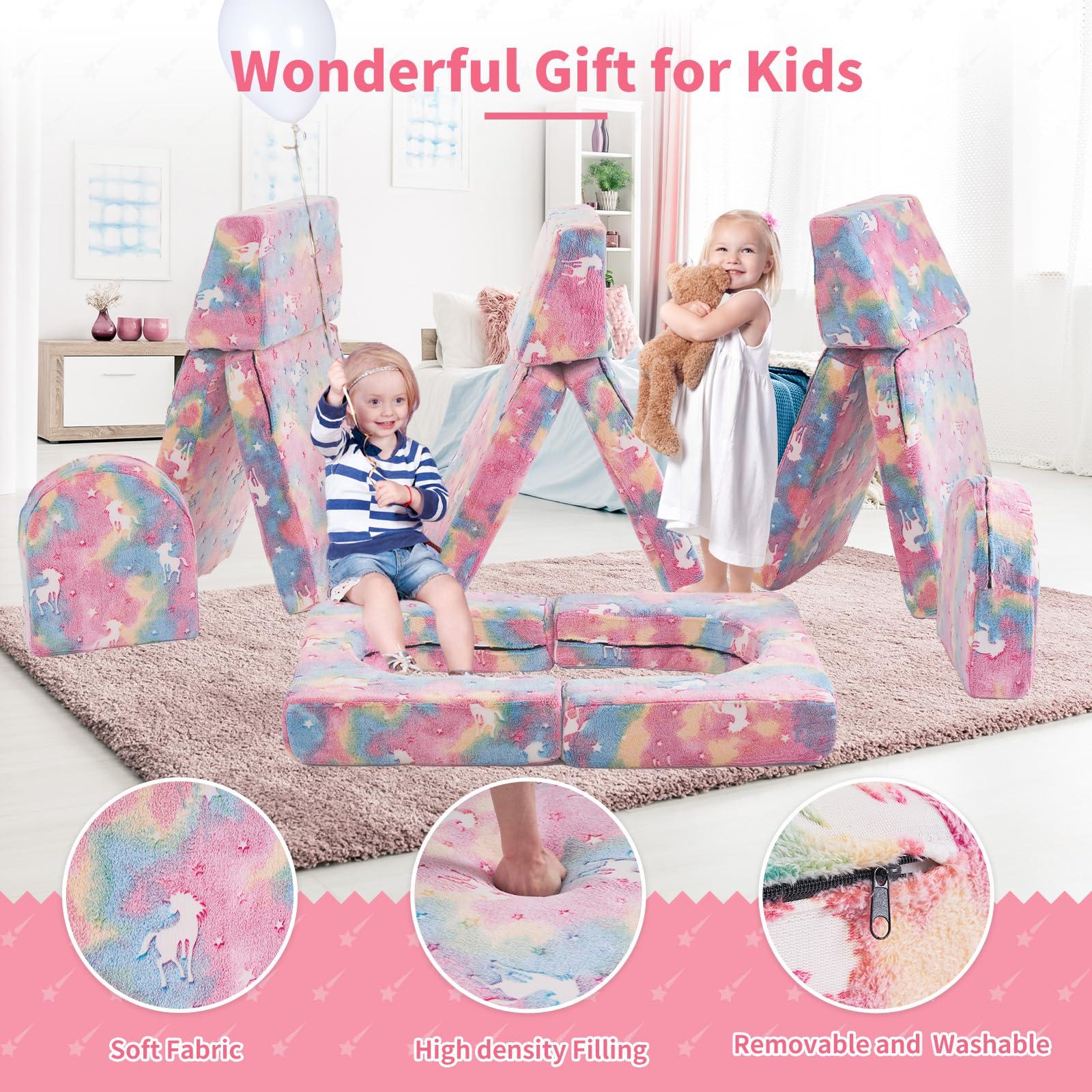 Kids Couch 13PCS, Modular Kids Play Couch for Playroom Bedroom, 13 in 1 Multifunctional Kid Sofa for Playing, Creativing, Sleeping, Indoor Toddler Couches for Boys and Girls (Glowing Unicorn Pink) - Image 5