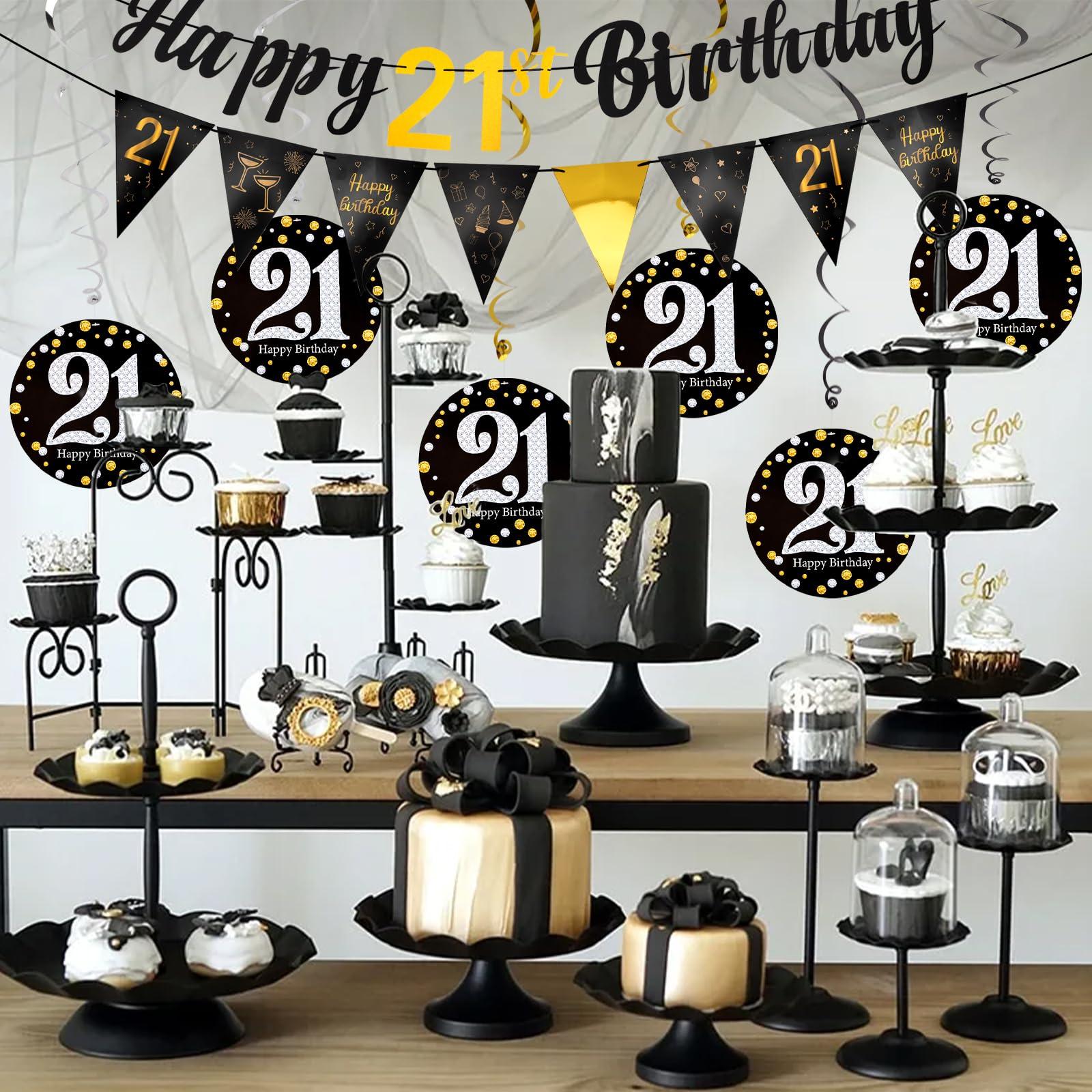 Hapdoo 21st Birthday Decorations Set - 21st Birthday Decorations Men Happy 21 Banner Triangle Flag Hanging Swirls Streamers for Women Men Party Supplies, Black and Gold - Image 7