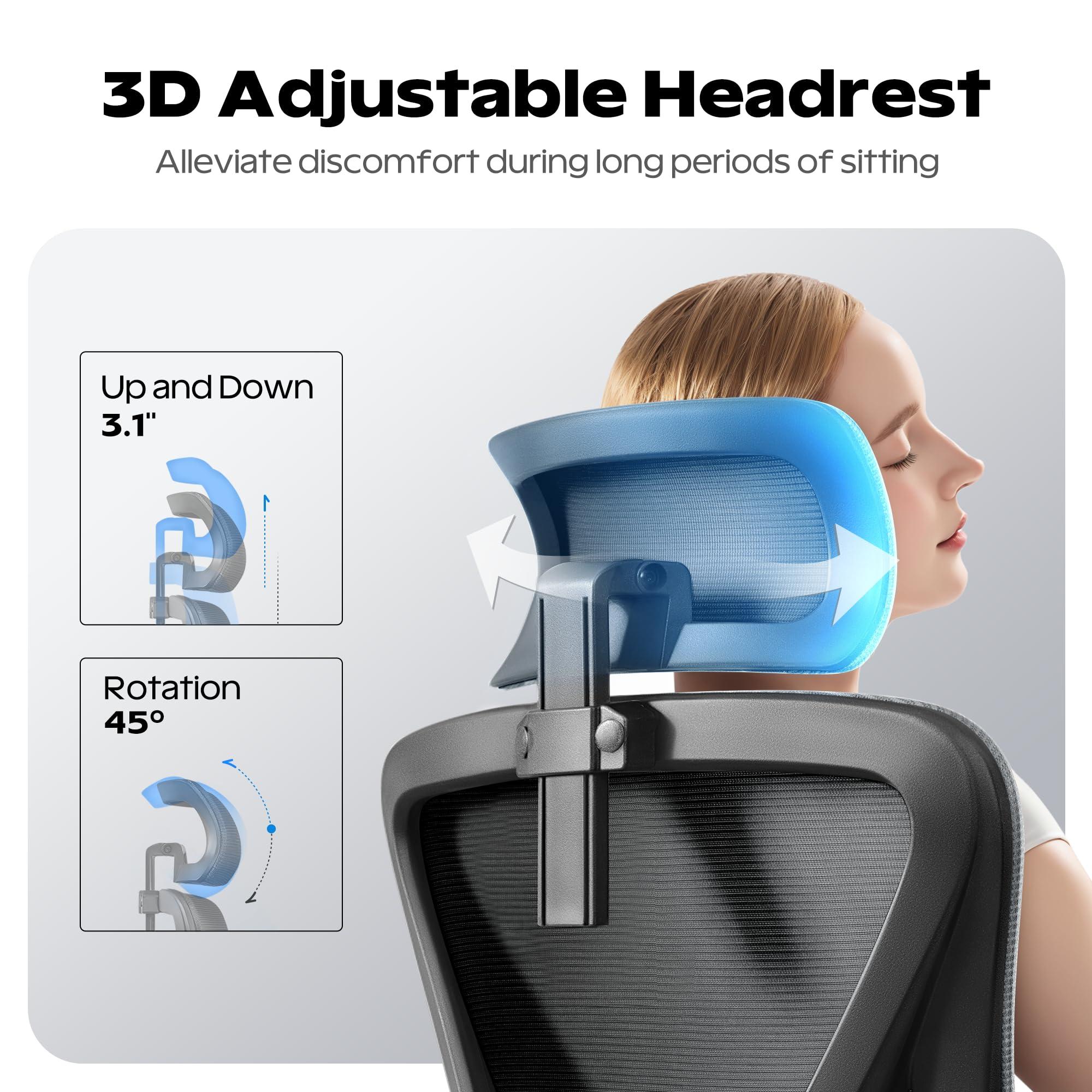 Ergonomic Office Chair, Home Office Desk Chair with Headrest, High Back Mesh Chair with Flip-up Armrests, Comfy Desk Chair with Lumbar Support, Rolling Swivel Task Computer Chair for Home Office - Image 4