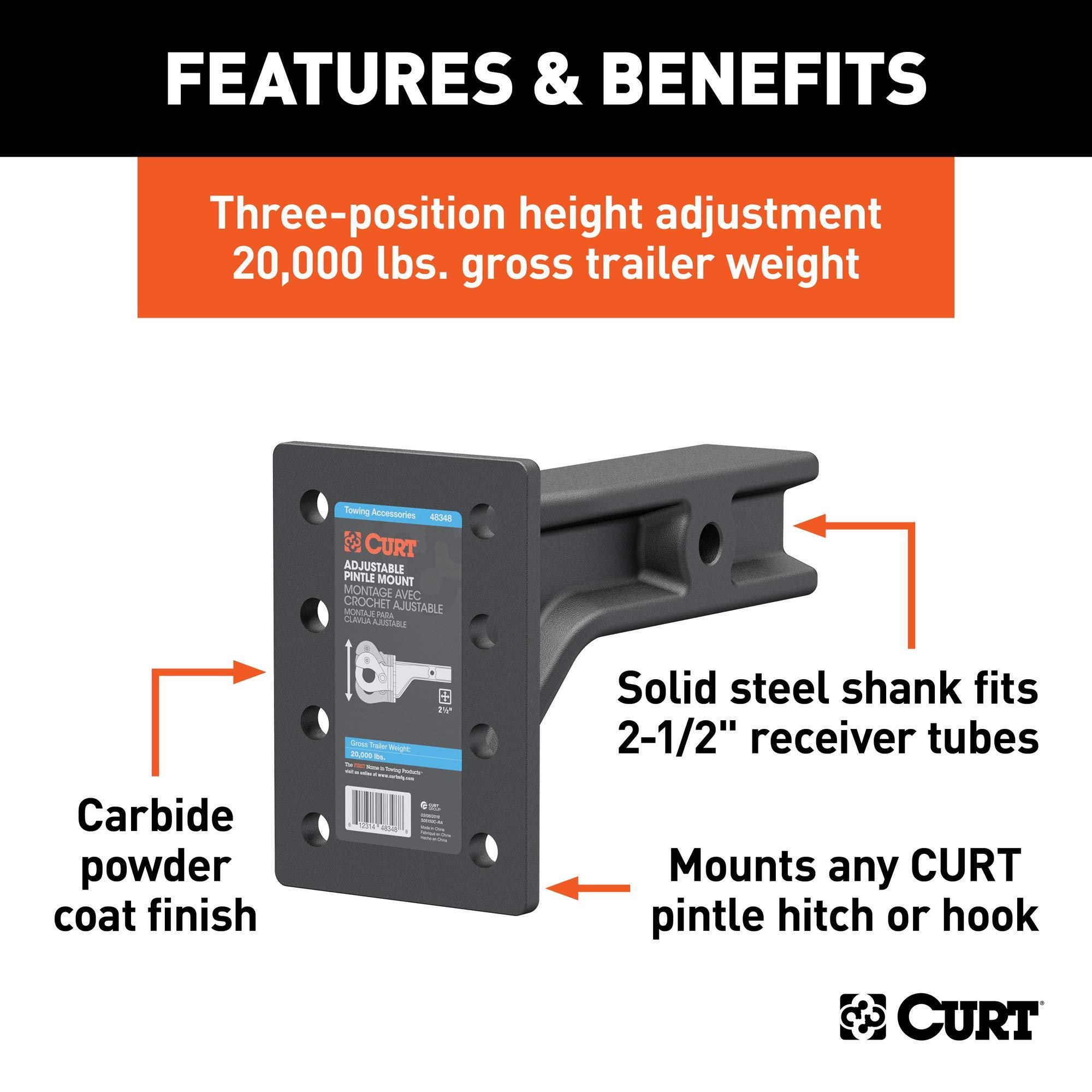 CURT 48348 Adjustable Pintle Mount for 2-1/2-Inch Hitch Receiver, 20,000 lbs, 7-1/4-Inch Height, 10-3/4-Inch Length, CARBIDE BLACK POWDER COAT - Image 3