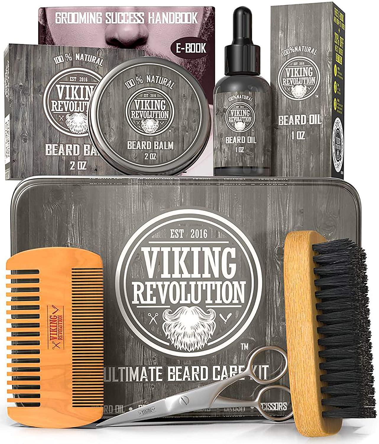 Viking Revolution Beard Care Kit for Men - Kit includes 100% Boar Beard Brush, Wooden Comb, Beard Balm, Beard Oil, Beard & Mustache Scissors in a Metal Box
