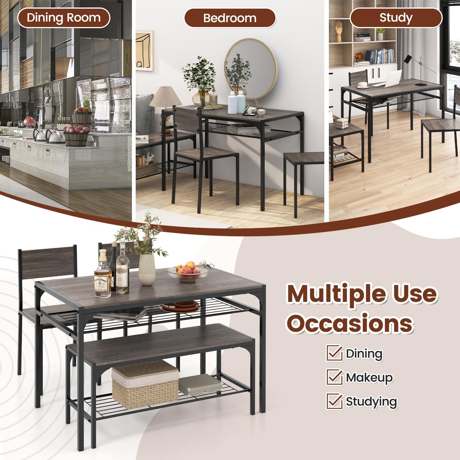 COSTWAY 4 Pieces Dining Table Set, Kitchen Table and 2 Chairs for 4 with Bench, Storage Racks, Metal Frame & Space-saving Design, Industrial Kitchen Table Set for Small Space, Apartment (Black & Grey) - Image 9