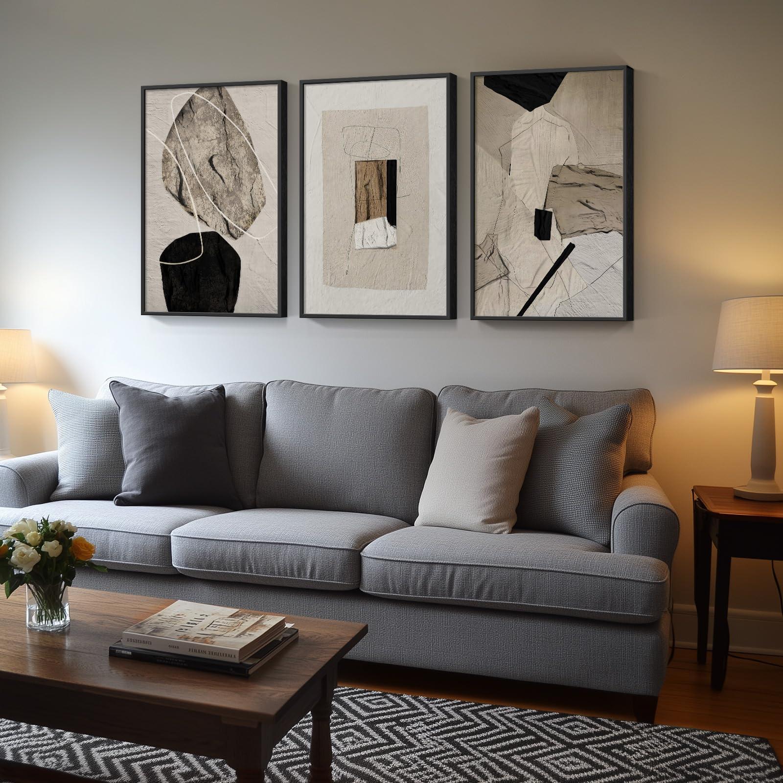 Large Framed Neutral Abstract Wall Art for Living Room, 3 Piece Modern Canvas Prints Paintings Artwork for Walls, Black and Beige Pictures for Living Room Hallway Stair Office Wall Decor 24x36 Inch - Image 2