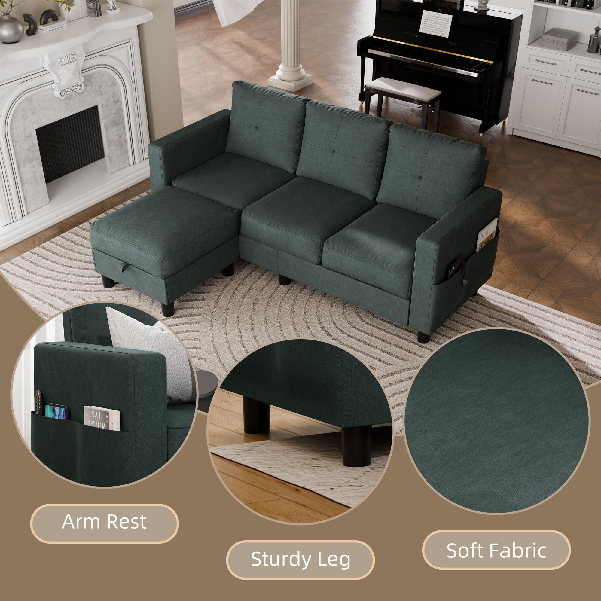 JAMFLY 3-Seat Convertible L-Shaped Sectional Sofa with Ottoman, Polyester Fabric Modular Couch for Small Spaces, Apartments & Office - Space Saving Reversible Design, Blue - Image 4