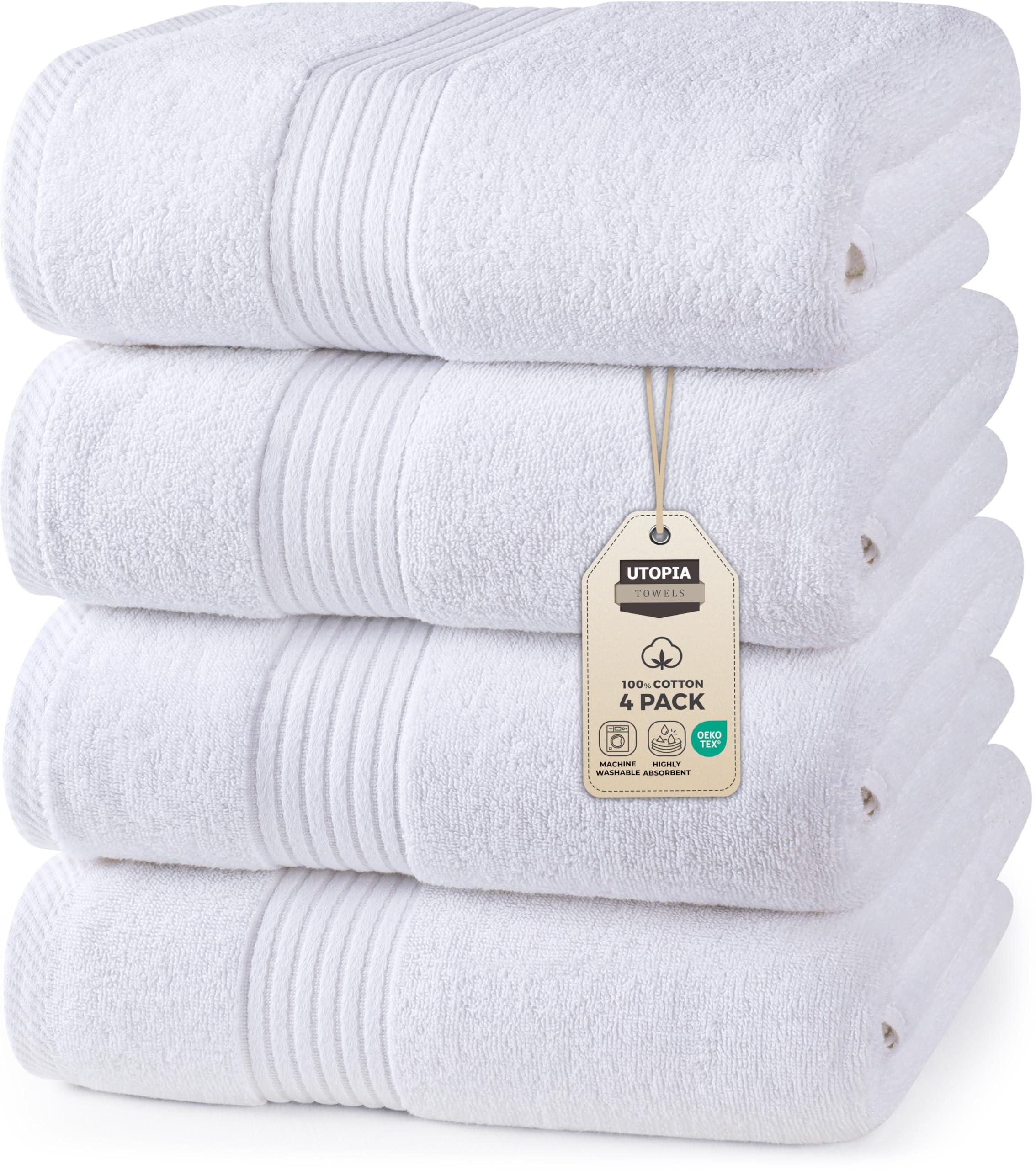 Utopia Towels 4 Pack Bath Towels Set, 27 by 54 Inches, 100% Ring Spun Cotton, Quick Dry, Highly Absorbent, Soft Feel Towels, Perfect for Daily Use, White