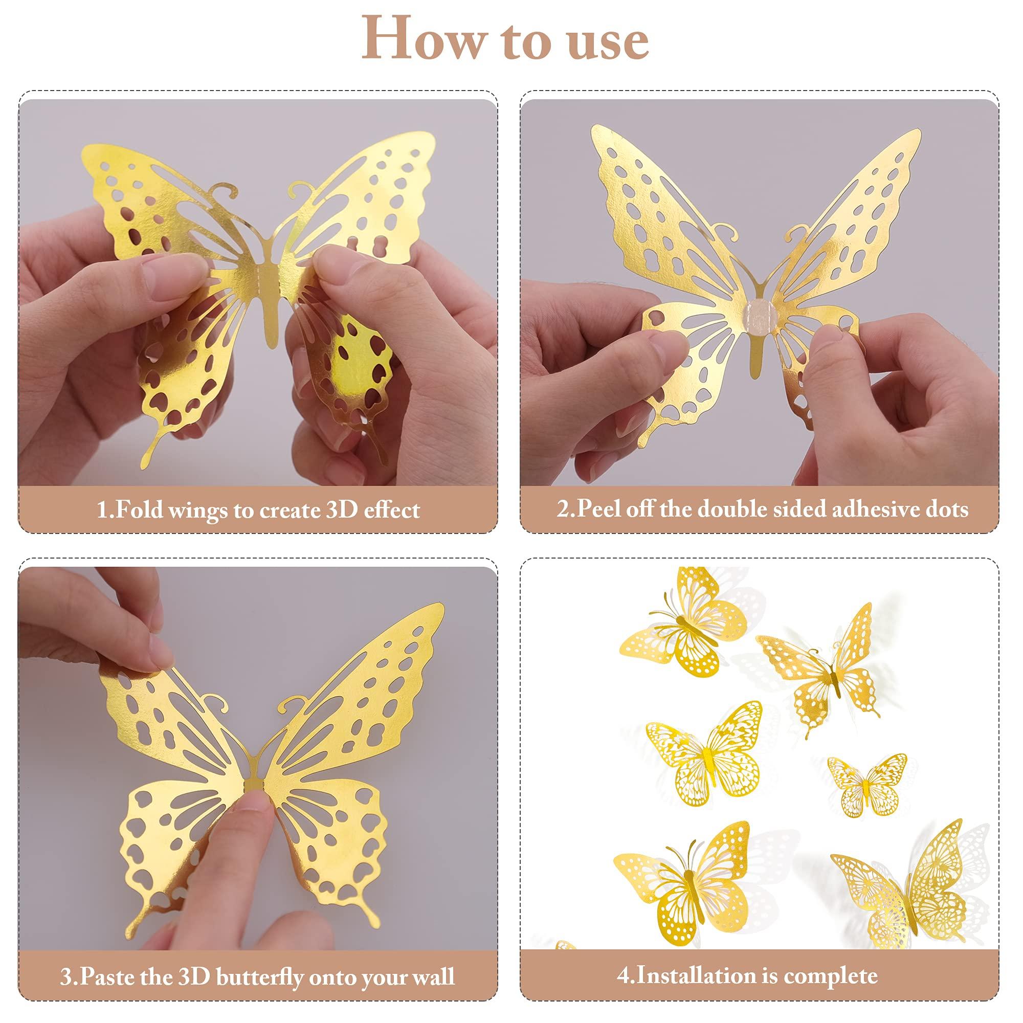 SAOROPEB 3D Butterfly Wall Decor - 48 Pcs, 4 Styles, 3 Sizes, Gold Butterfly Decorations for Birthday & Party Celebrations, Removable Stickers - Image 6