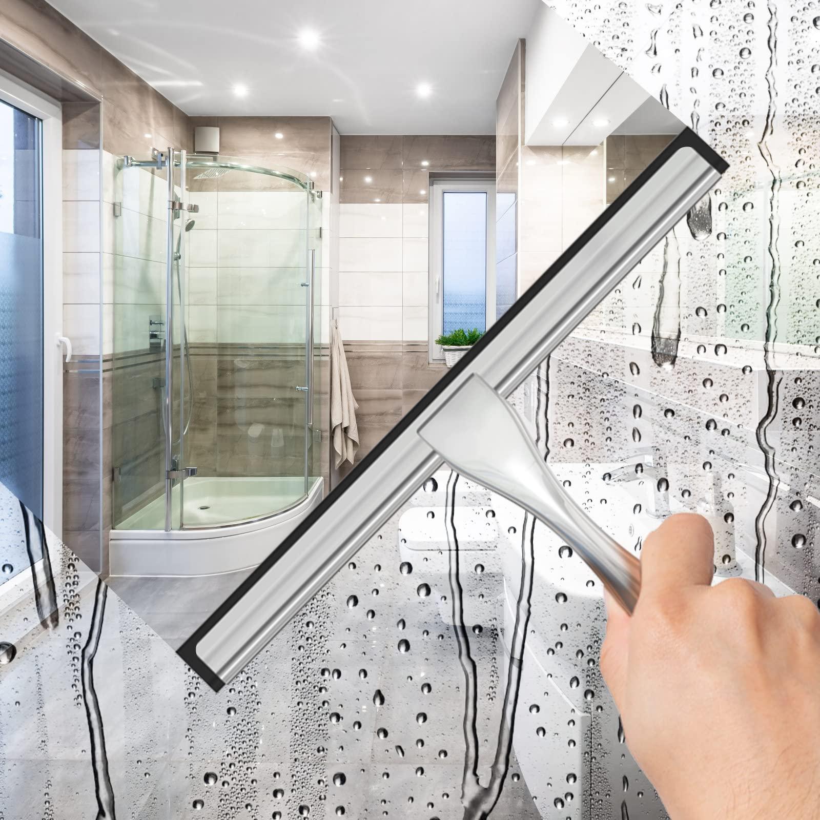 All-Purpose Stainless Steel Shower Squeegee for Shower Glass Door with 2 Adhesive Hooks, Bathroom Cleaner Tool Household Window Mirror Squeegee , Cleaning Tile Wall, Car, 10 Inch Silver - Image 2