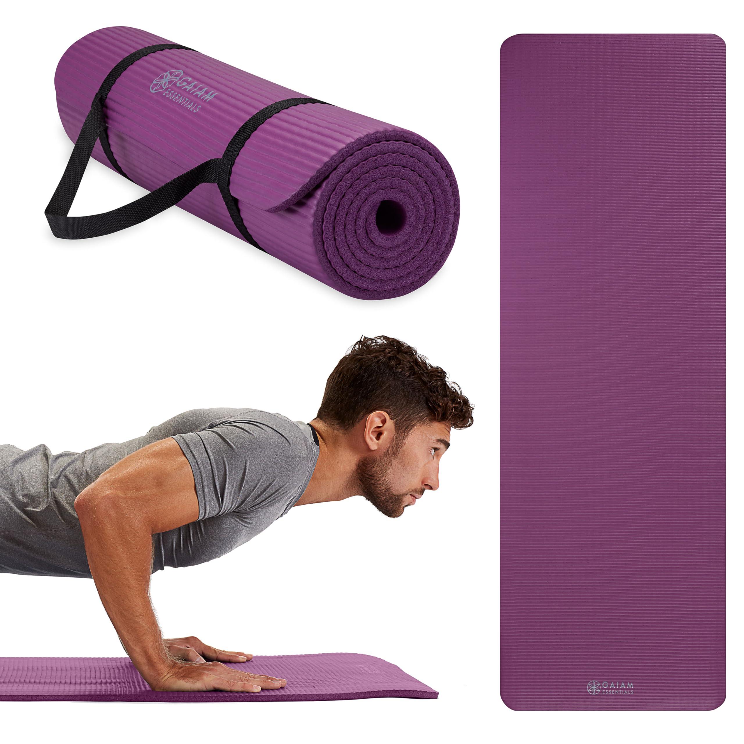 Gaiam Essentials Thick Yoga Mat Fitness & Exercise Mat with Easy-Cinch Yoga Mat Carrier Strap, 72"L x 24"W x 2/5 Inch Thick