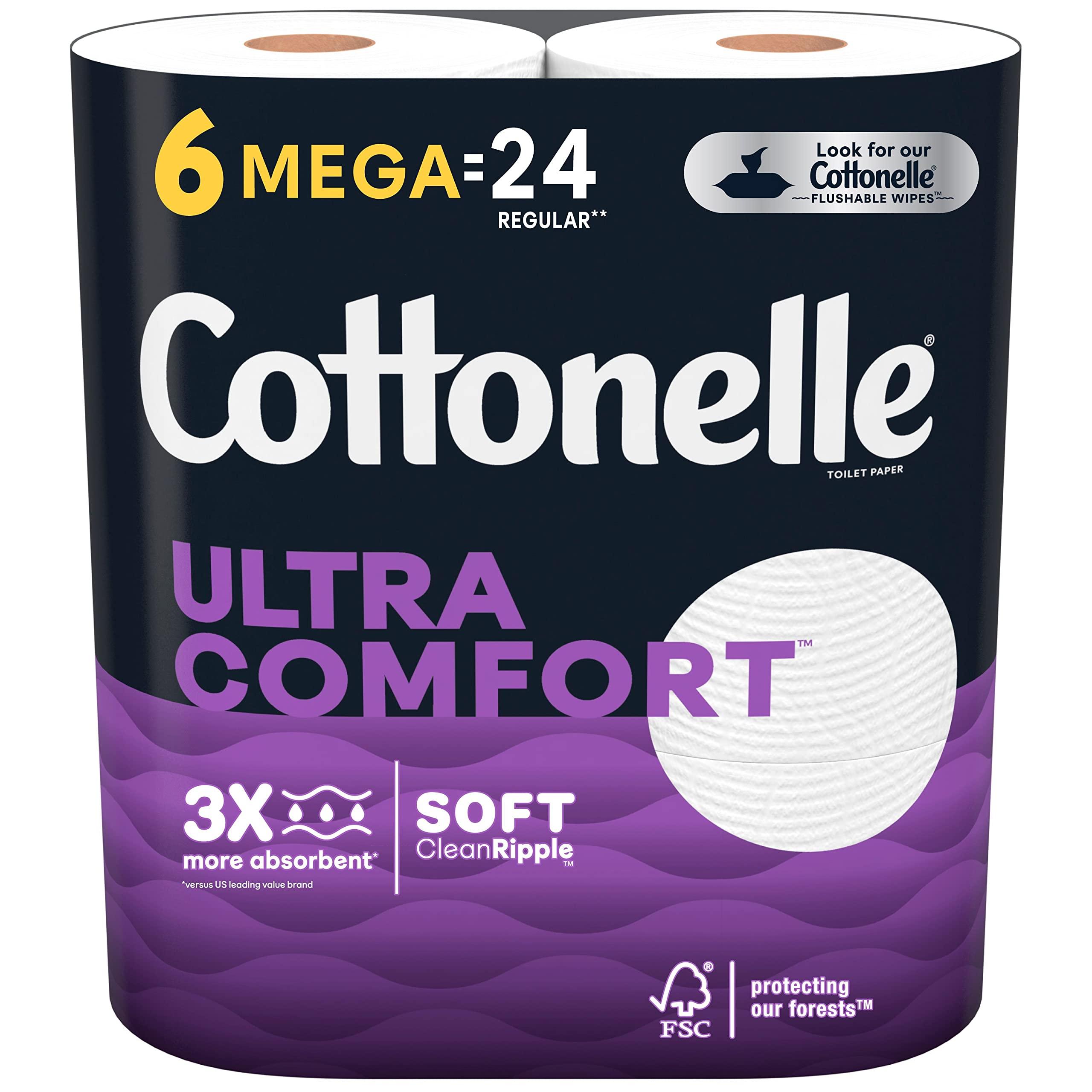 Cottonelle Ultra Comfort Toilet Paper, Strong Toilet Tissue, 6 Mega Rolls (6 Mega Rolls = 24 Regular Rolls), 268 Sheets per Roll, Packaging May Vary White