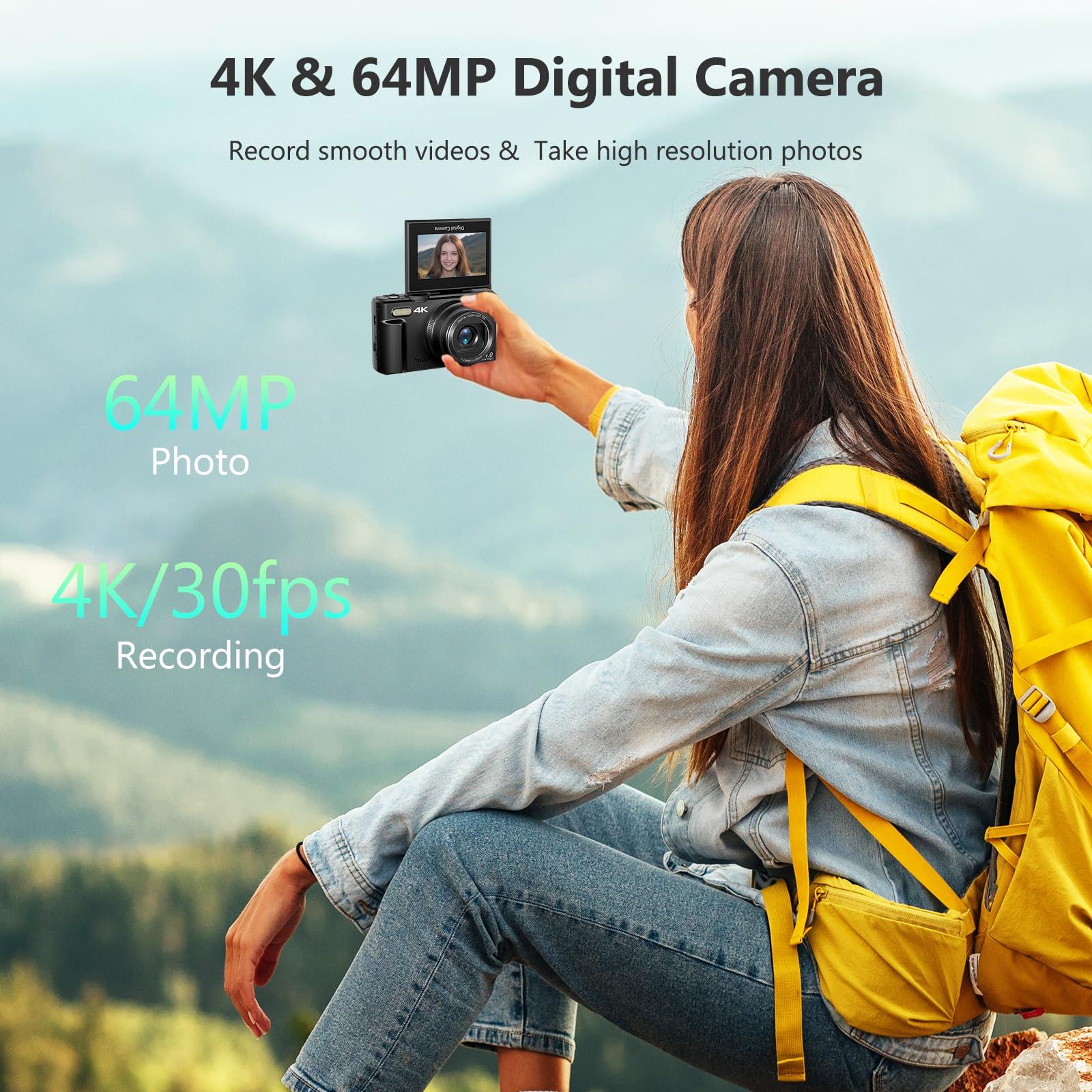 4K Digital Camera for Photography, 64MP Vlogging Camera for YouTube with 3" 180° Flip Screen, 18X Digital Zoom Point and Shoot Camara with 32GB Micro SD Card for Beginner (Black) - Image 2