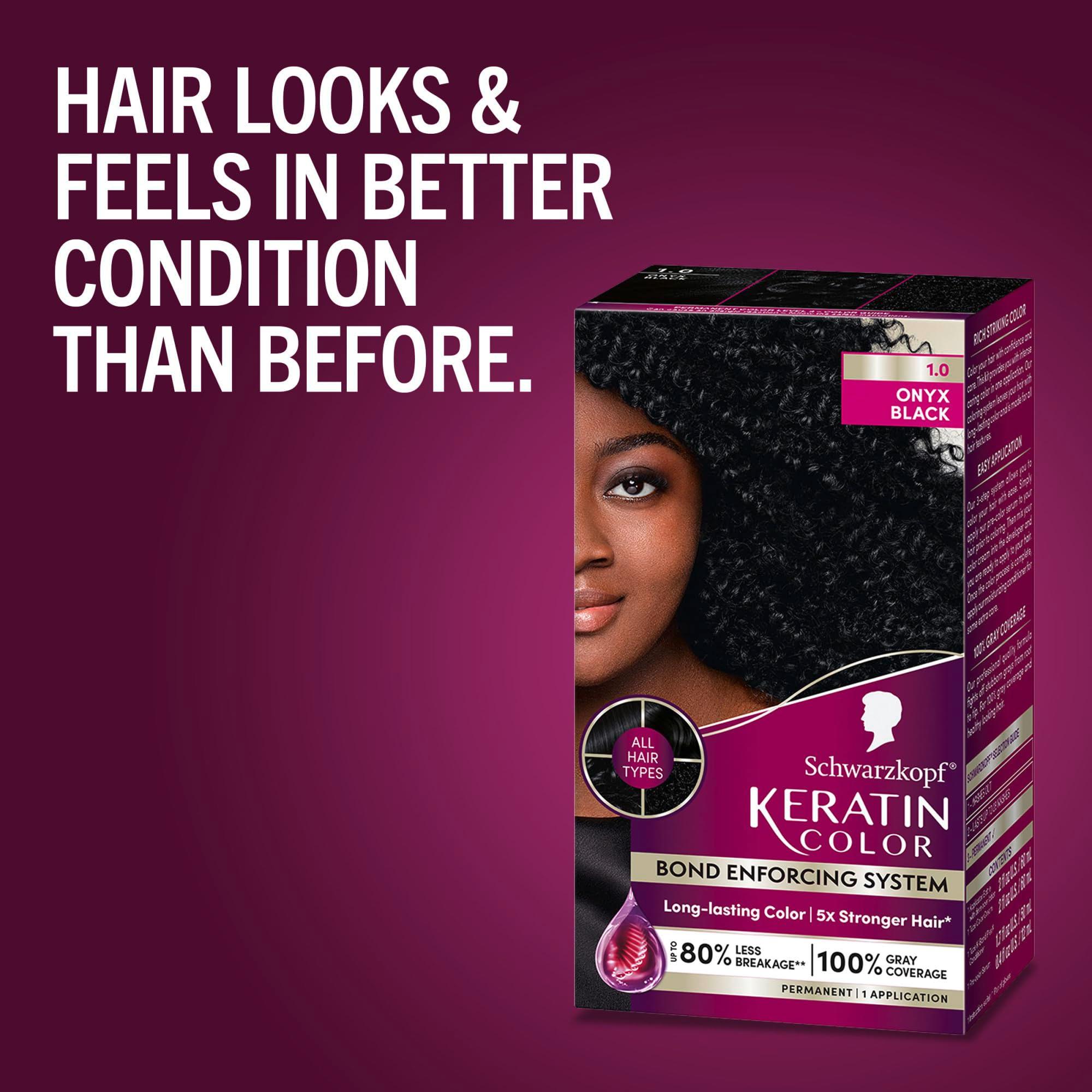 Schwarzkopf Keratin Color Permanent Hair Color, 1.0 Black Onyx, 1 Application - Salon Inspired Permanent Hair Dye, for up to 80% Less Breakage vs Untreated Hair and up to 100% Gray Coverage - Image 7
