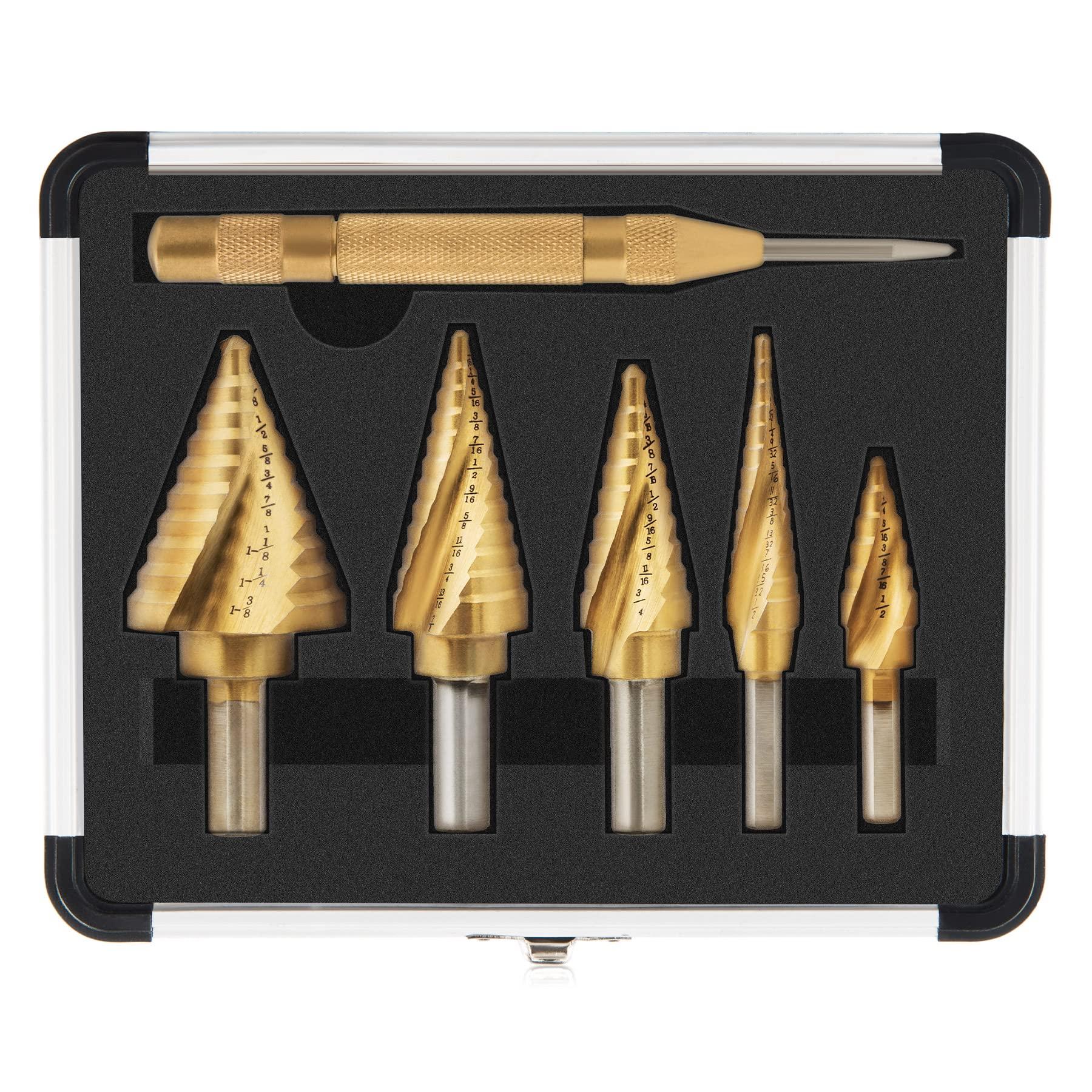 ZELCAN Step Drill Bits, HSS 5PCS Titanium Step Drill Bit Set, Spiral Grooved with Automatic Center Punch, Step bit Set for Sheet Metal with Aluminum Case, Multiple Hole Stepped up Bits for DIY Lovers
