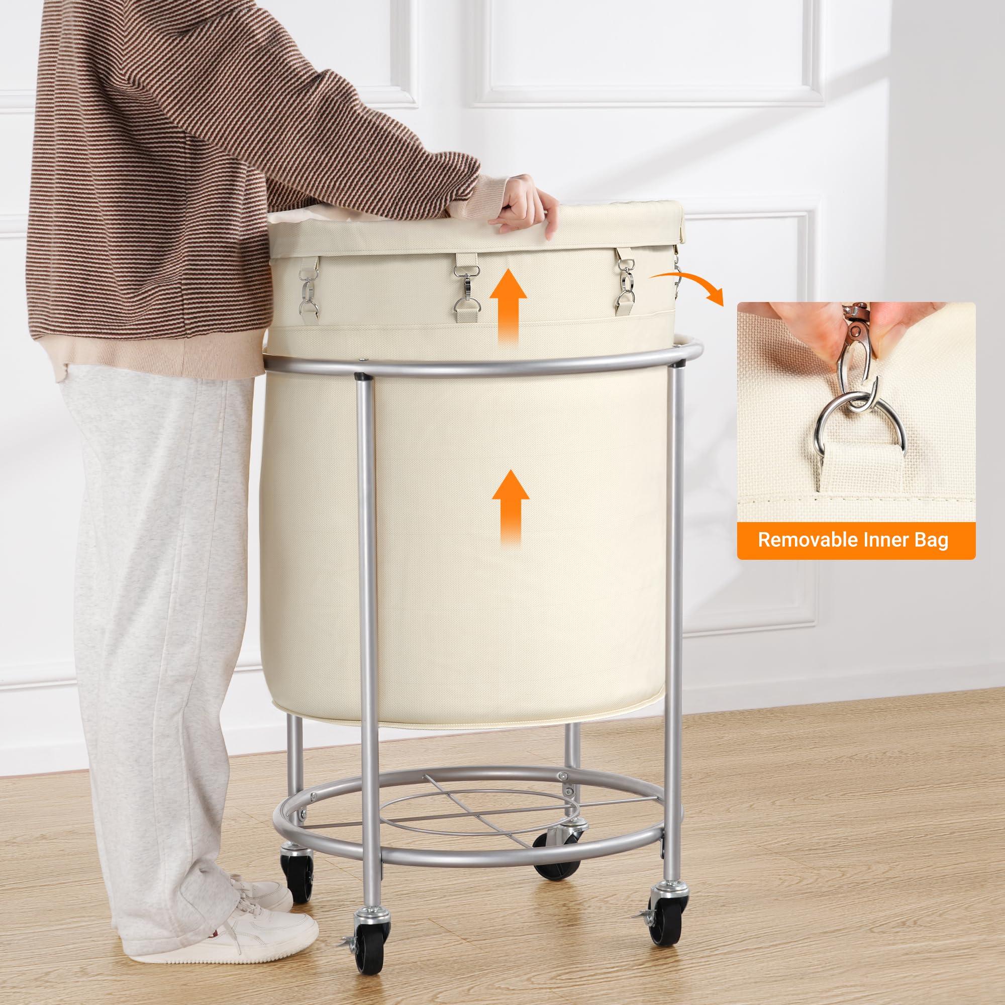ELYKEN Laundry Basket with Wheels, 170L Rolling Laundry Hamper with Removable Bag and Steel Frame, Round Laundry Cart with 4 Casters and 2 Brakes, Ideal for Bedroom, Bathroom, Laundry Room, Cream - Image 2