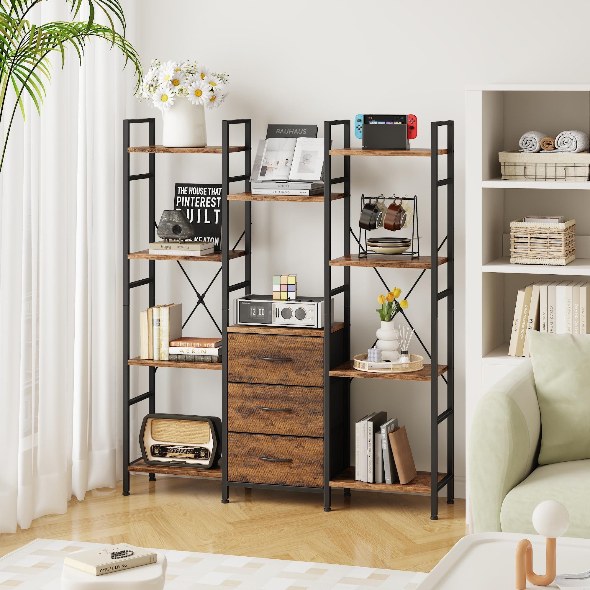 AFLUI Triple Bookshelf with 3 Fabric Drawers, 4-Tier Book Shelf and 10 Display Shelves, Industrial Large Bookcase for Home & Office, Rustic Brown, 47'' Wide - Image 7