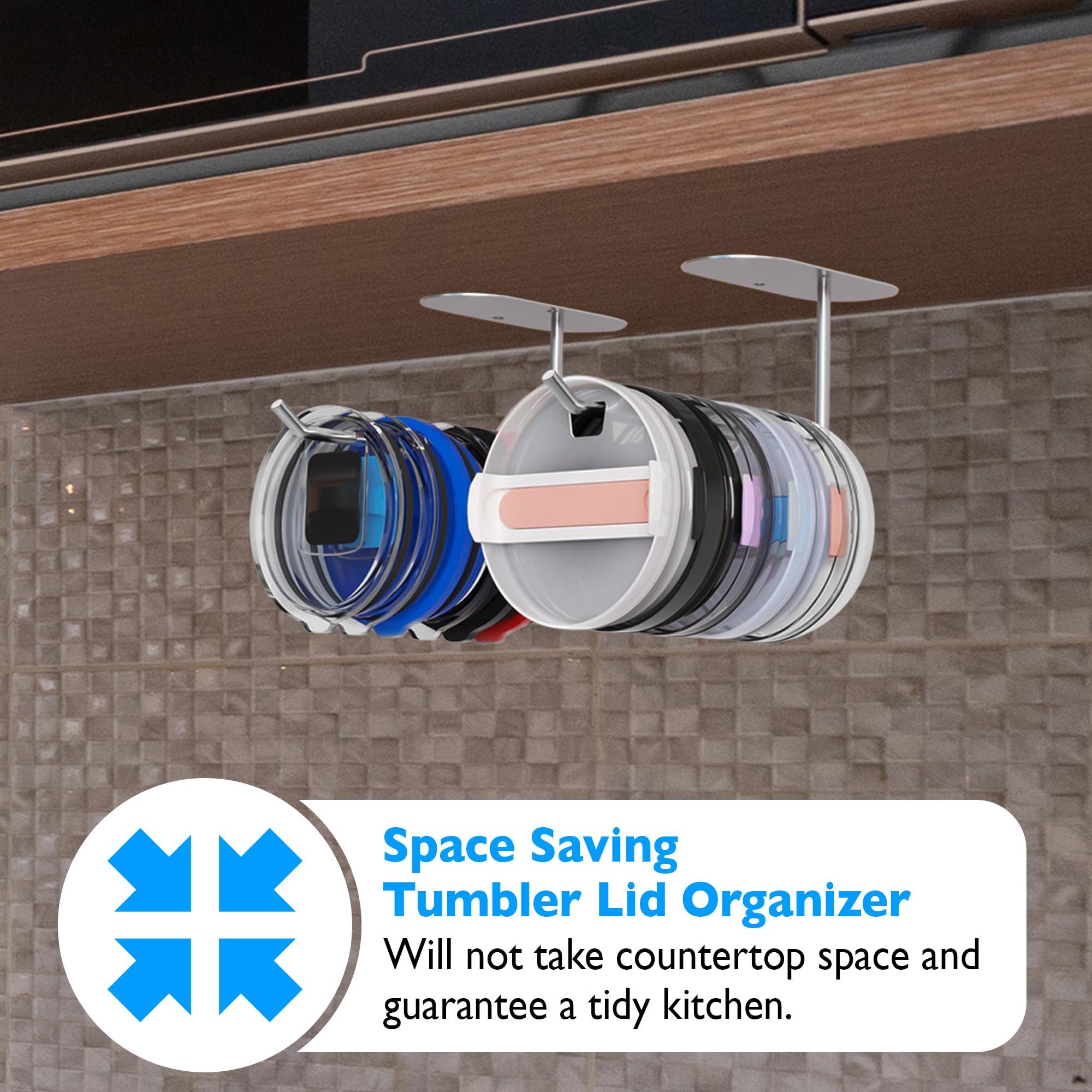 2 Pack Tumbler Lid Organizer, Space Saving Cup Lid Organizer Hook, Cup Lid Organizers Inside Cabinet, Lid Holder for Cups, Self-Adhesive or Drilling Tumbler Lid Storage Hook for Kitchen Organizers - Image 7