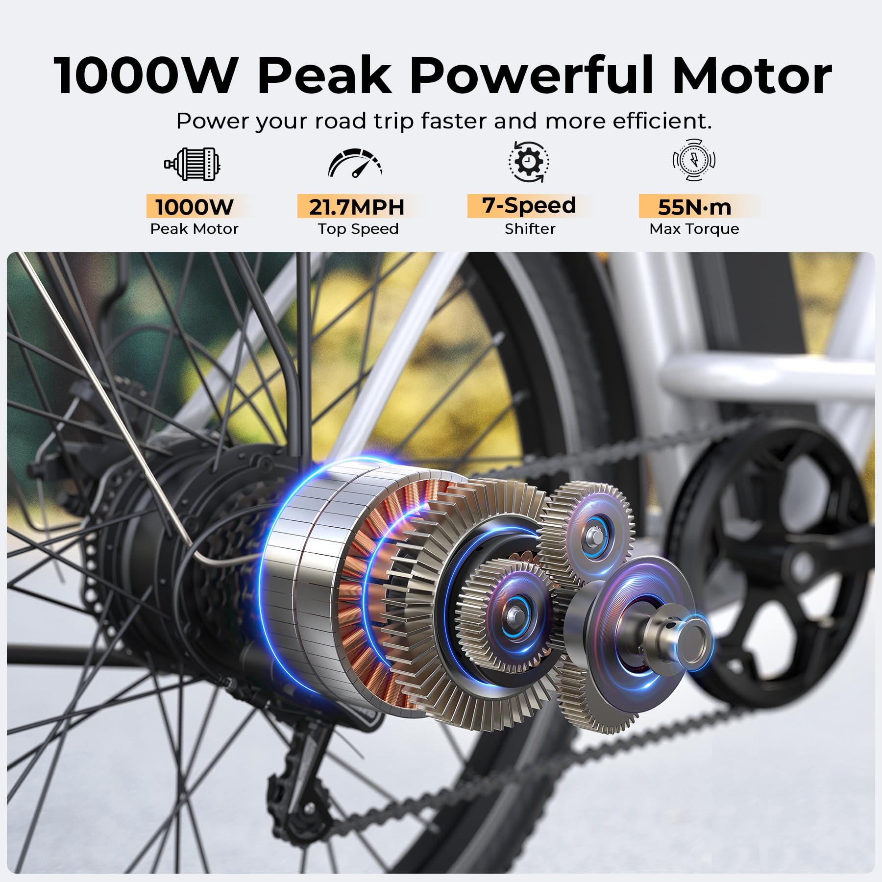 Funhang Electric Bike for Adults, 1000W Peak Ebike, 21.7MPH 50Miles City Cruiser Ebikes, 26" Step Thru Electric Bicycle with 48V Removable Battery, Adjustable Stem, Rear Rack, Front Suspension,7 Speed - Image 2