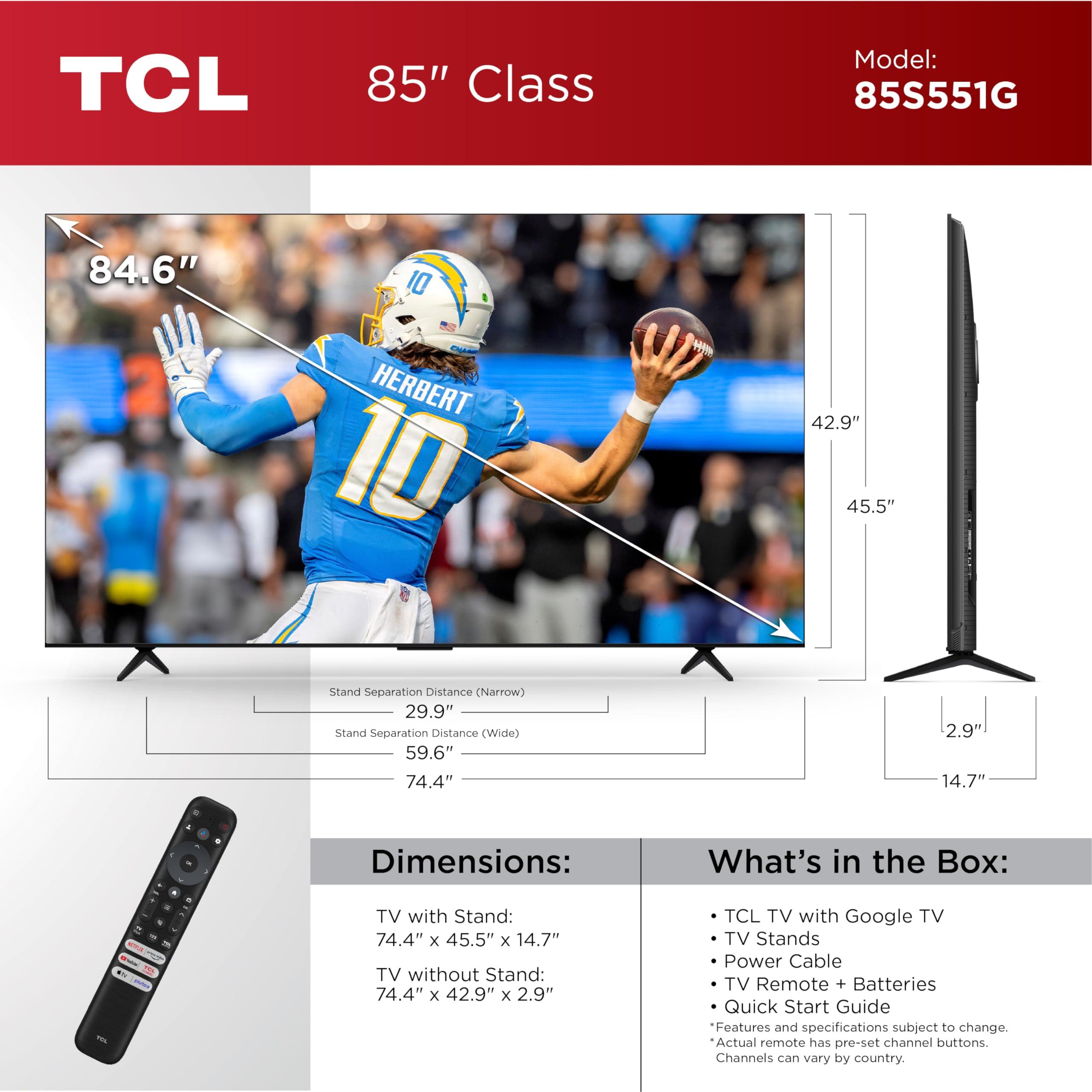 TCL 85-Inch Class S5 4K UHD LED Smart TV with Google TV (85S551G, 2024 Model), Google Assistant Built-in with Voice Remote, Compatible with Alexa, Streaming Television - Image 2