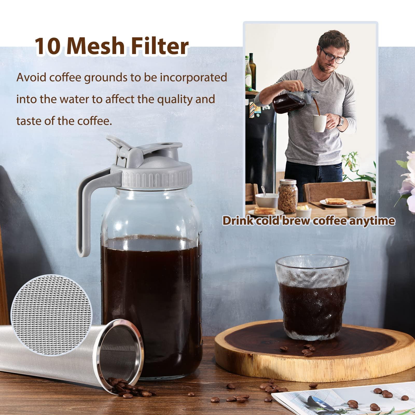 Cold Brew Coffee Maker Pitcher, 64 Oz Heavy Duty Wide Mouth Glass Mason Jar pour spout Lid with Stainless Steel Filter for Iced Coffee, Ice Lemonade, Fruit Drinks, Sun Tea - Image 5