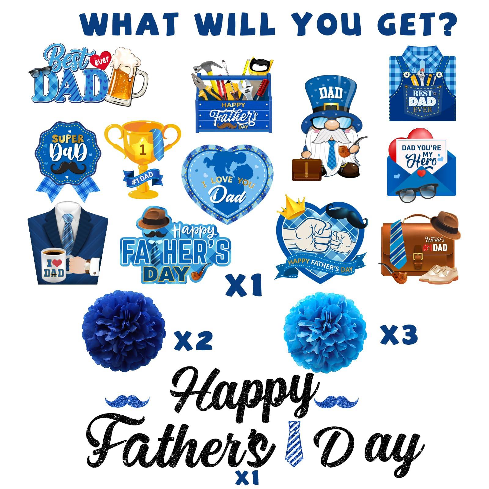 Fathers Day Decorations, Best Dad Ever Decorations includes Glitter Happy Fathers day Banner Dad Hanging Swirls and Blue Tissue Pom Poms, Fathers Day Decorations for Home Office - Image 3