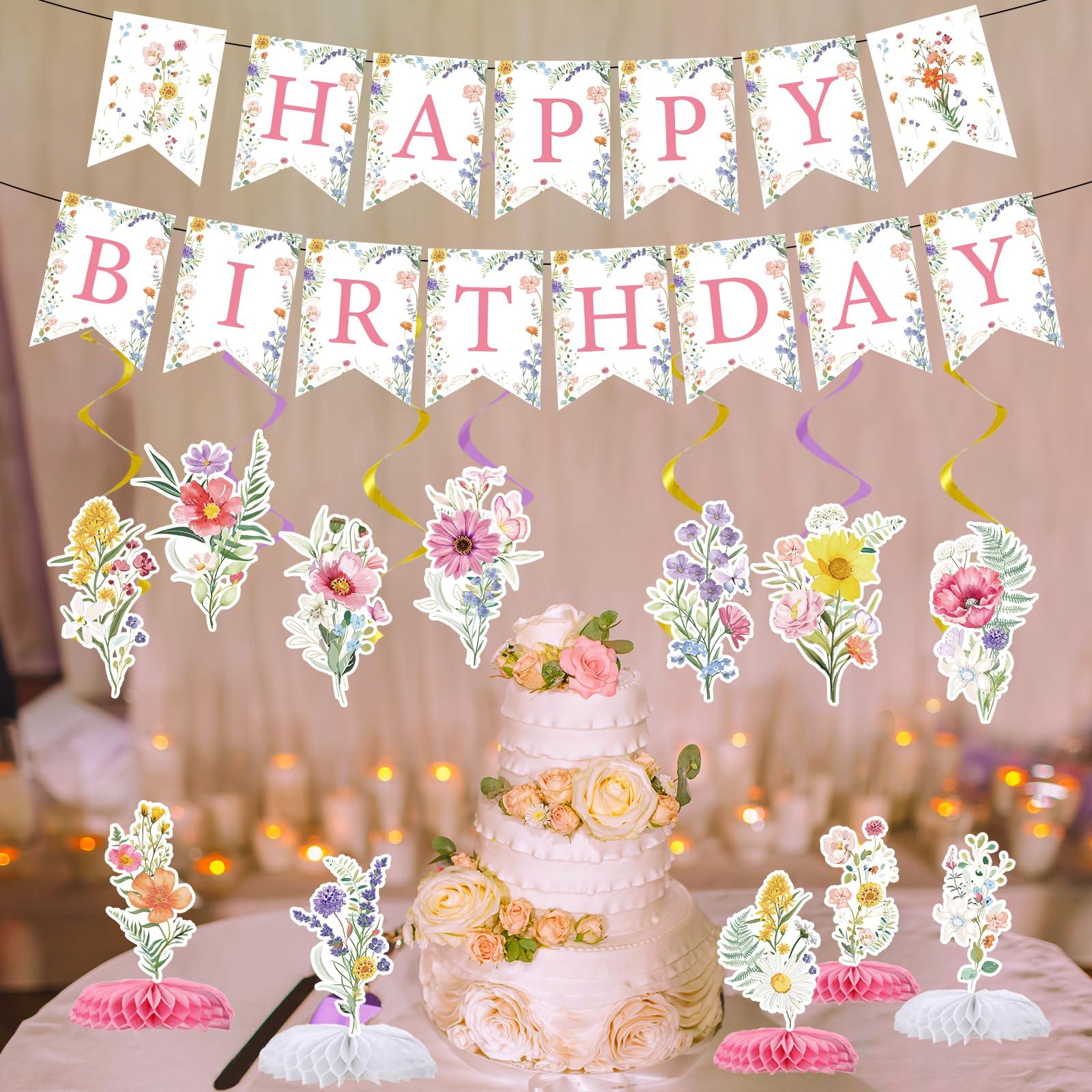 Rngmsi Flower Birthday Decorations for Girls Women, 14PCS Wildflower Floral Happy Birthday Banners Hanging Swirls and Honeycomb Centerpieces Decor Supplies - Image 5
