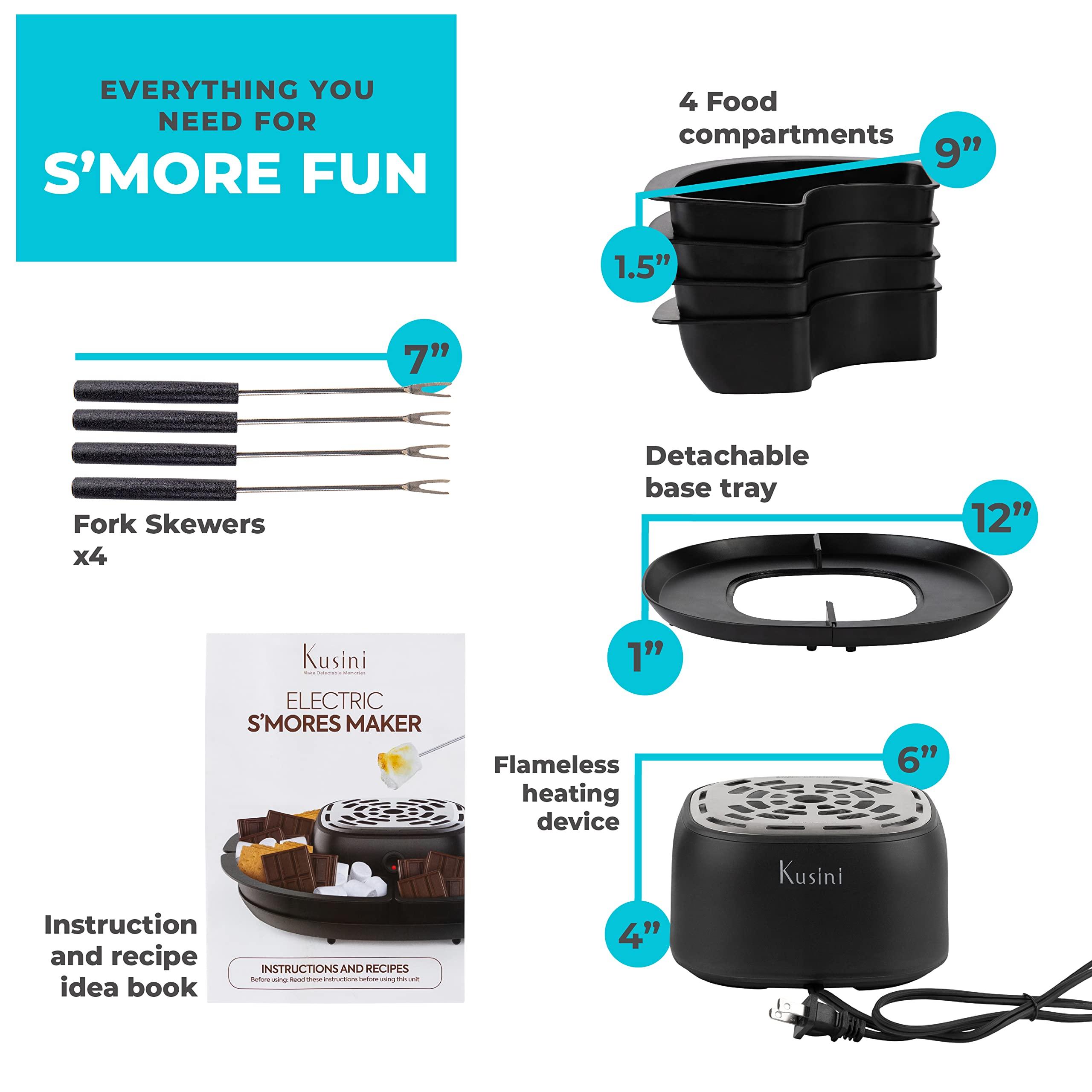 Kusini Smores Maker Tabletop Indoor - Flameless Electric Marshmallow Roaster – 4 Detachable Trays & 4 Roasting Forks – Gift Set & Date Night Idea. Movie Night Supplies & Housewarming Gift - Image 6