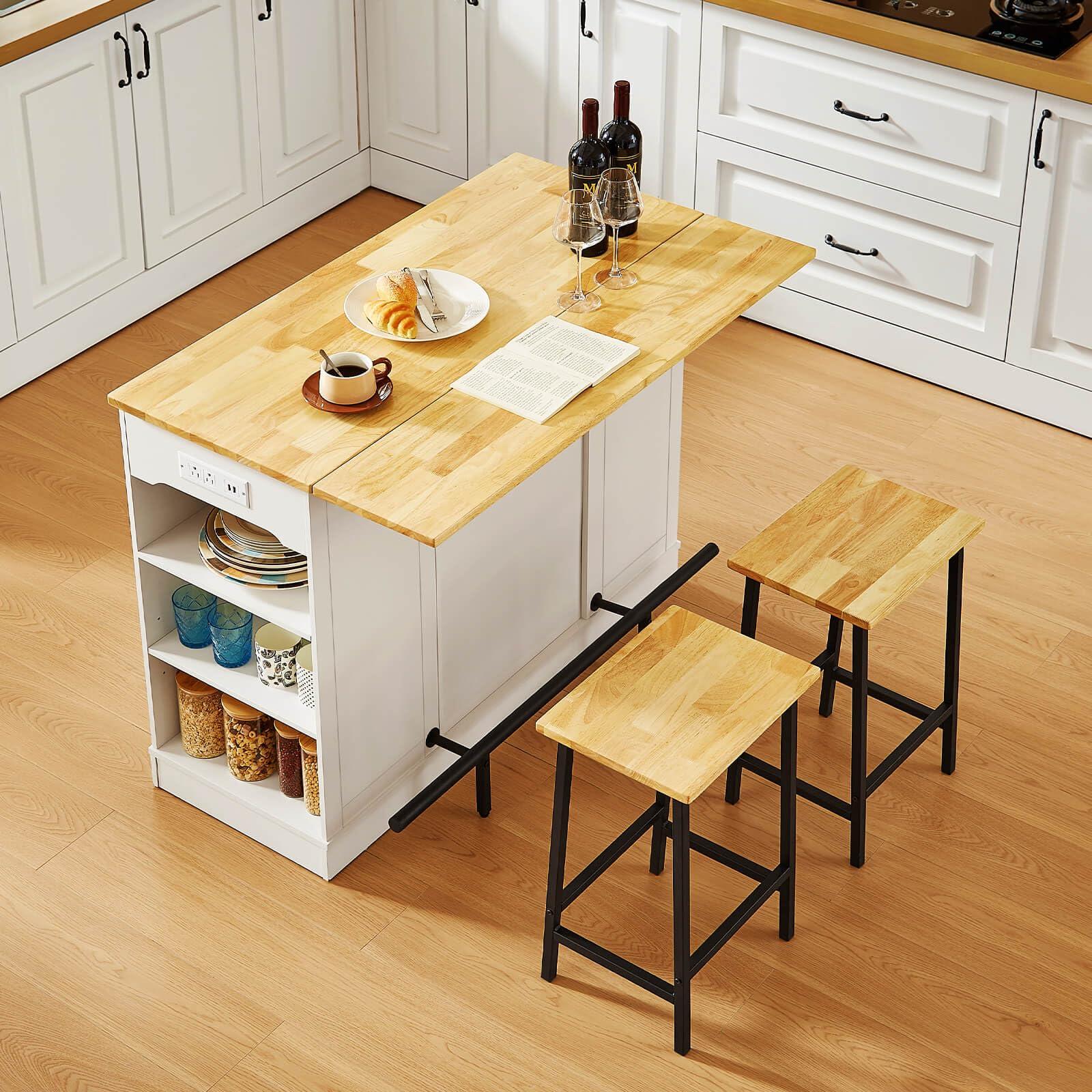 ONBRILL Stationary Kitchen Islands Include 2 Chairs, 47" Kitchen Island with Drop Leaf, Home Bar Table with Spice Rack & with Trash Cabinet, Island Table for Dining Room with Power Outlet, White - Image 6