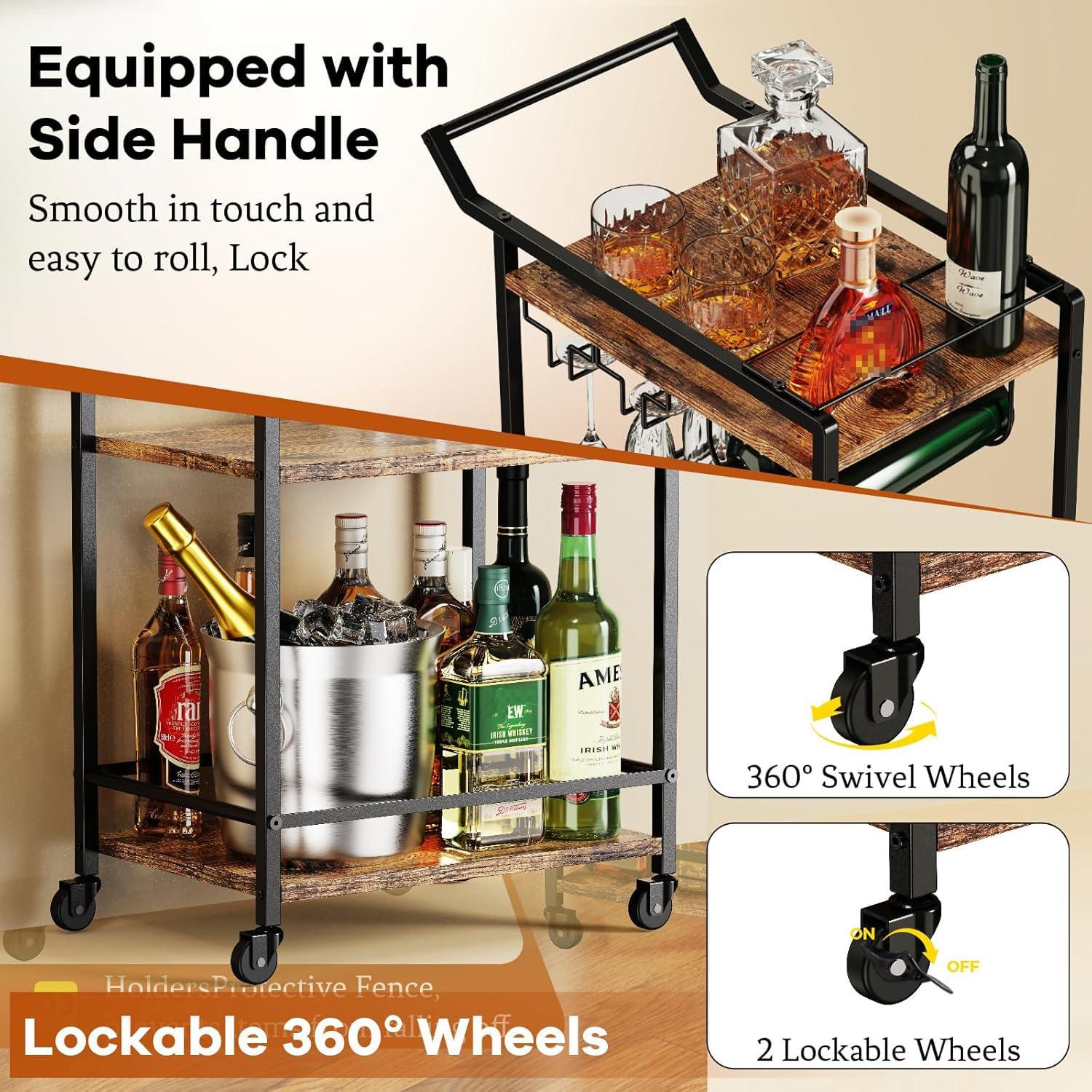 LOTEYIKE 3 Tier Bar Cart, Mini Liquor Utility Cart for Wine Beverage Dinner Party, Rolling Wine Coffee Drink Serving Cart with Lockable Wheels for Home Kitchen Bars (Rustic Brown) - Image 4