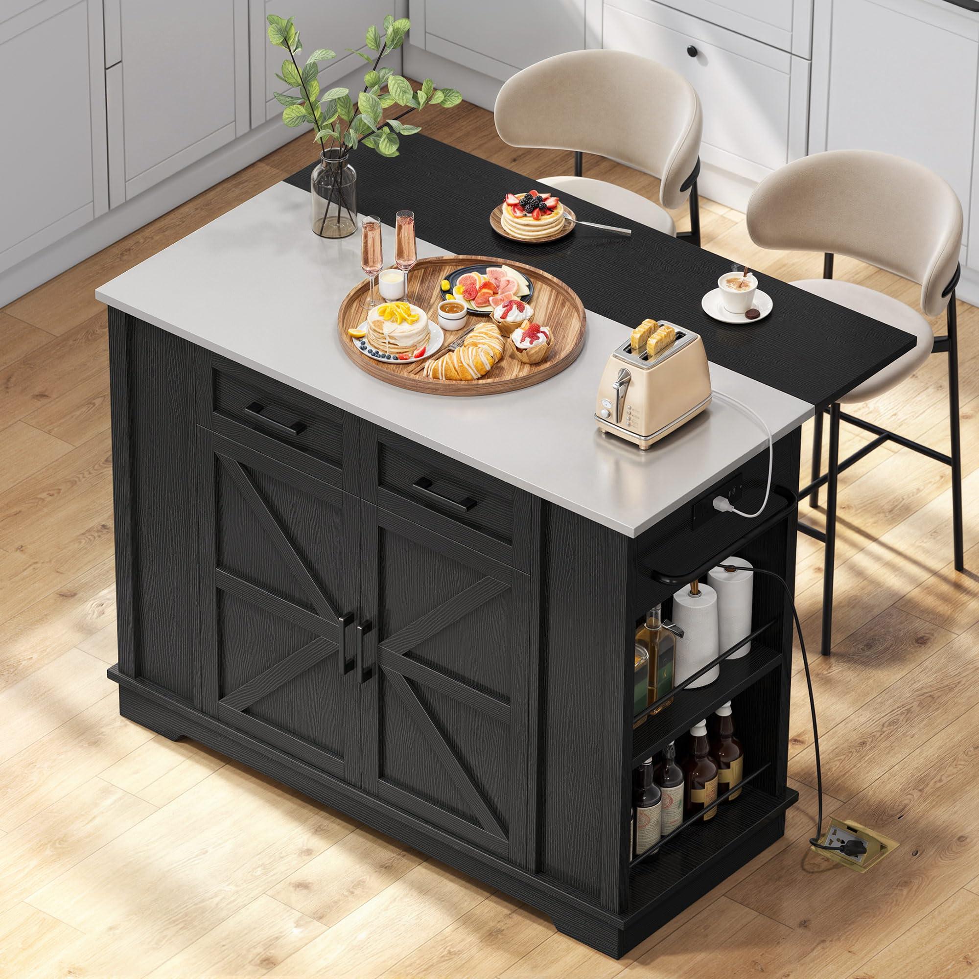 YITAHOME Kitchen Island with Drop Leaf, 47 Inch Mobile Stroage Islands with Stainless Steel Top, Rolling Island Table with Power Outlet, Adjustable Shelves, Spice Rack, Towel Rack for Kitchen, Black