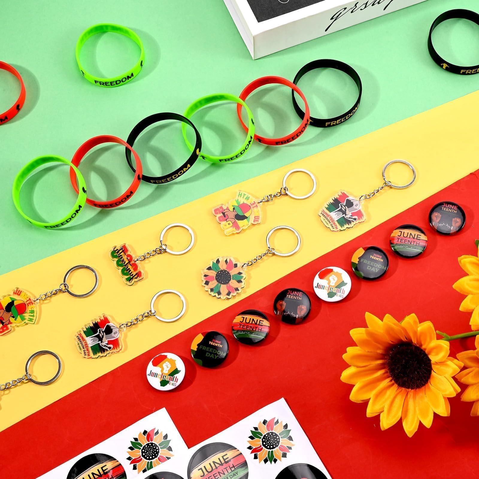 Sanixin 38 Pcs Juneteenth Party Favors with Happy Juneteenth Keychain Elastic Rubber Bracelets Button Badge Stickers Set for 1865 Independence Day African American Festival Parade Supplies Gifts - Image 2