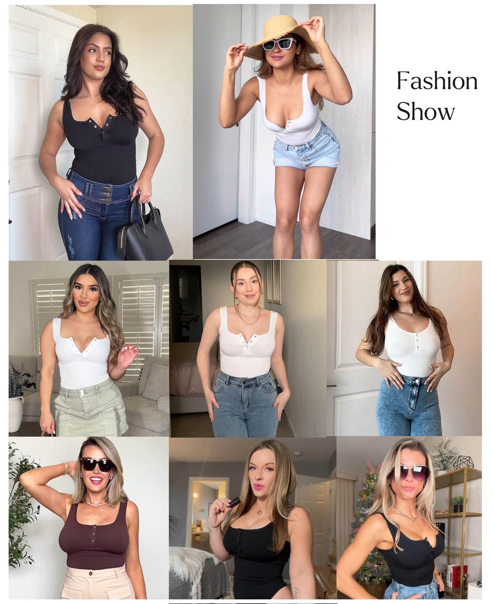 Popilush Bodysuits for Women Tummy Control Henley Going Out Shirts Button Down Body Suit Thong Tank Tops - Image 2