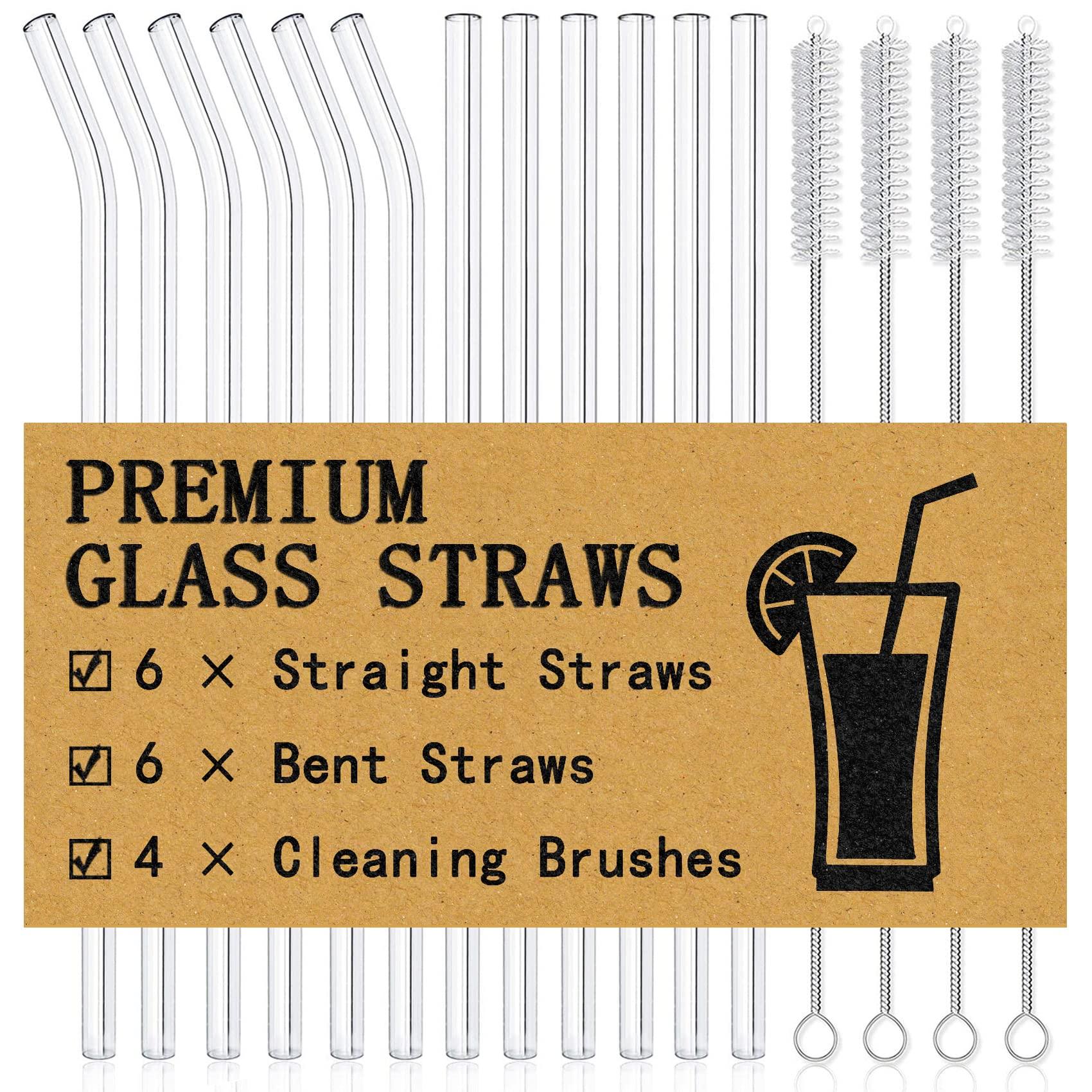 Piteno® 16-Pack Reusable Glass Straws Set, Clear Glass Drinking Straws, 8.5''x10MM, Set of 6 Straight and 6 Bent with 4 Cleaning Brushes, Perfect for Smoothies, Milkshakes, Juice, Tea