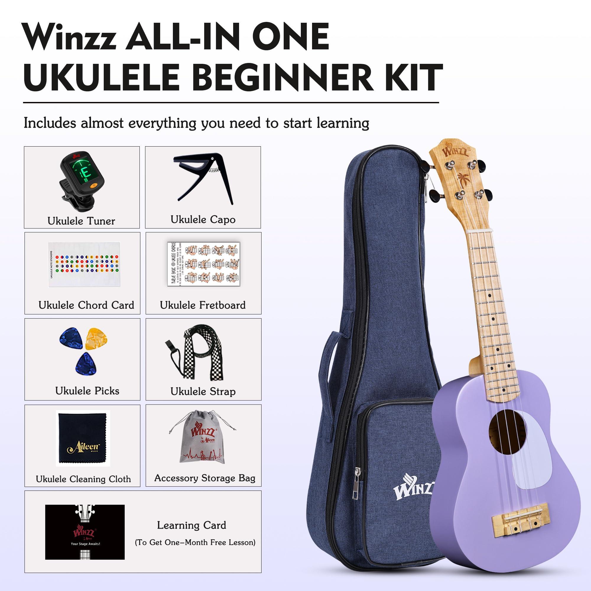 WINZZ Soprano Ukulele for Beginners, 21 Inch Hawaiian Wood Ukelele Kit for Kids Adult Student Starter, Professional Uke Pack Bundle w/Free Lessons, Case, Pickguard, Capo, Strap, Picks, Purple - Image 7