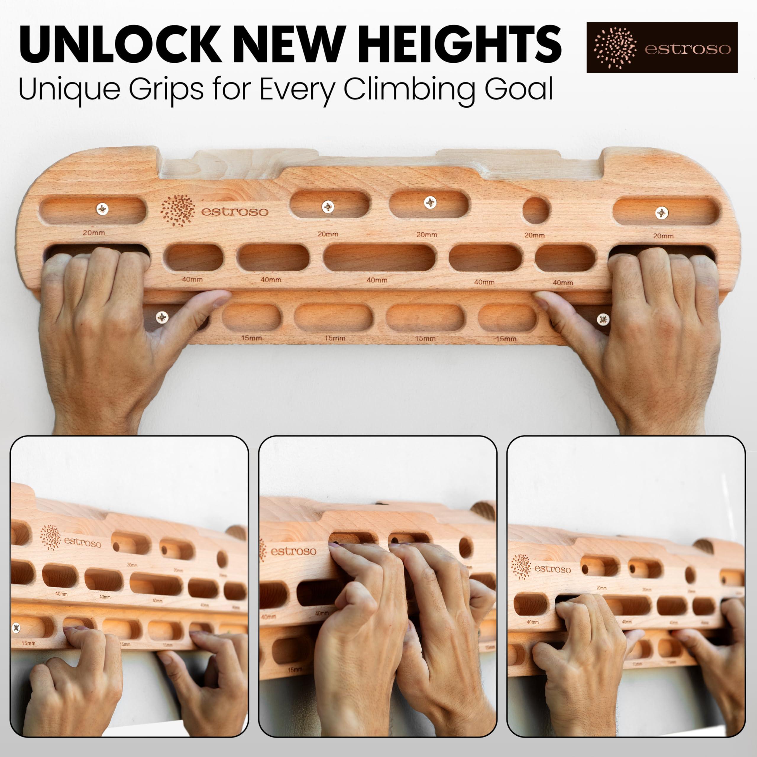 ESTROSO Wooden Hangboard - Training Hang Board with Adjustable Grip Depths, Grip Strengthener, Forearm Exerciser, Pull Ups - Climbing Fingerboard with Installation Kit - Image 2