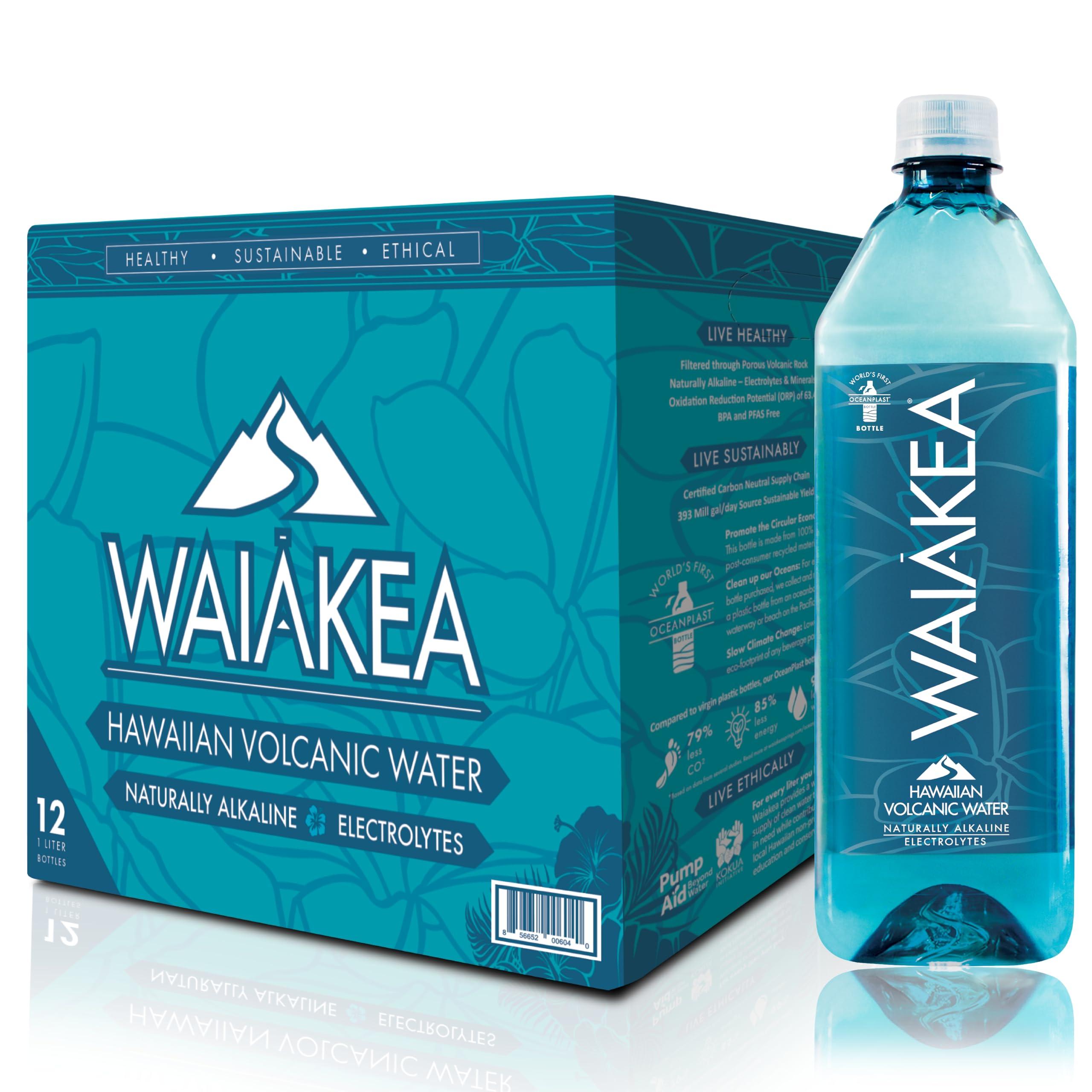 Waiakea Hawaiian Volcanic Water, Naturally Alkaline, 100% Recycled Bottle, 1L (Pack of 12), 33.8 Fl Oz (Pack of 12)